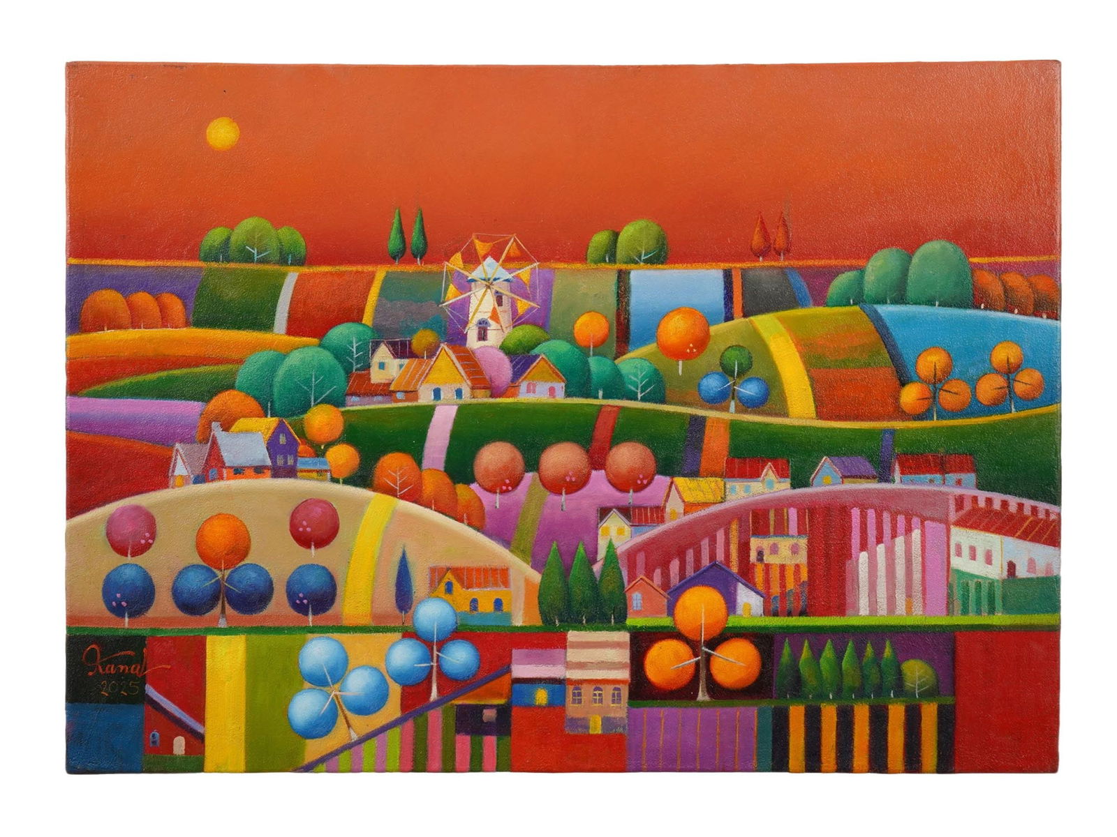 ABSTRACT PAINTING SIGNED KAMAL HABIB HASAN LANDSCAPE: A contemporary abstract oil with sand painting on canvas depicting a village landscape with a bridge. Signed lower left Kamal for Kamal Habib Hasan and dated 2025. Additionally inscribed on verso. Wit