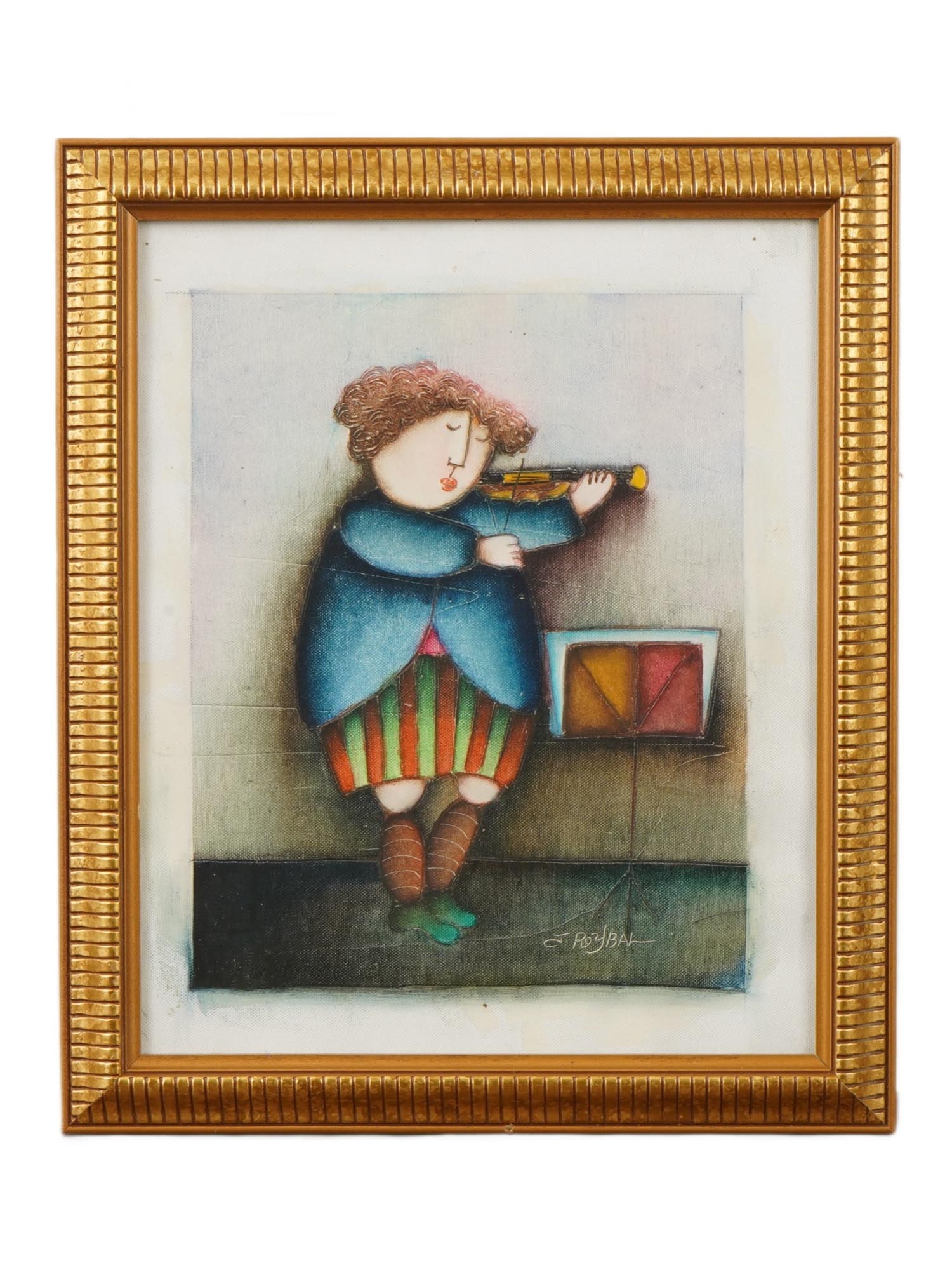 VIOLIN PLAYER PAINTING SIGNED JOYCE ROYBAL: A figural artwork on canvas depicting a violin player, signed Roybal lower left for Joyce Roybal, known for the distinctive Puffy People style characterized by round-faced childlike figures engaged in