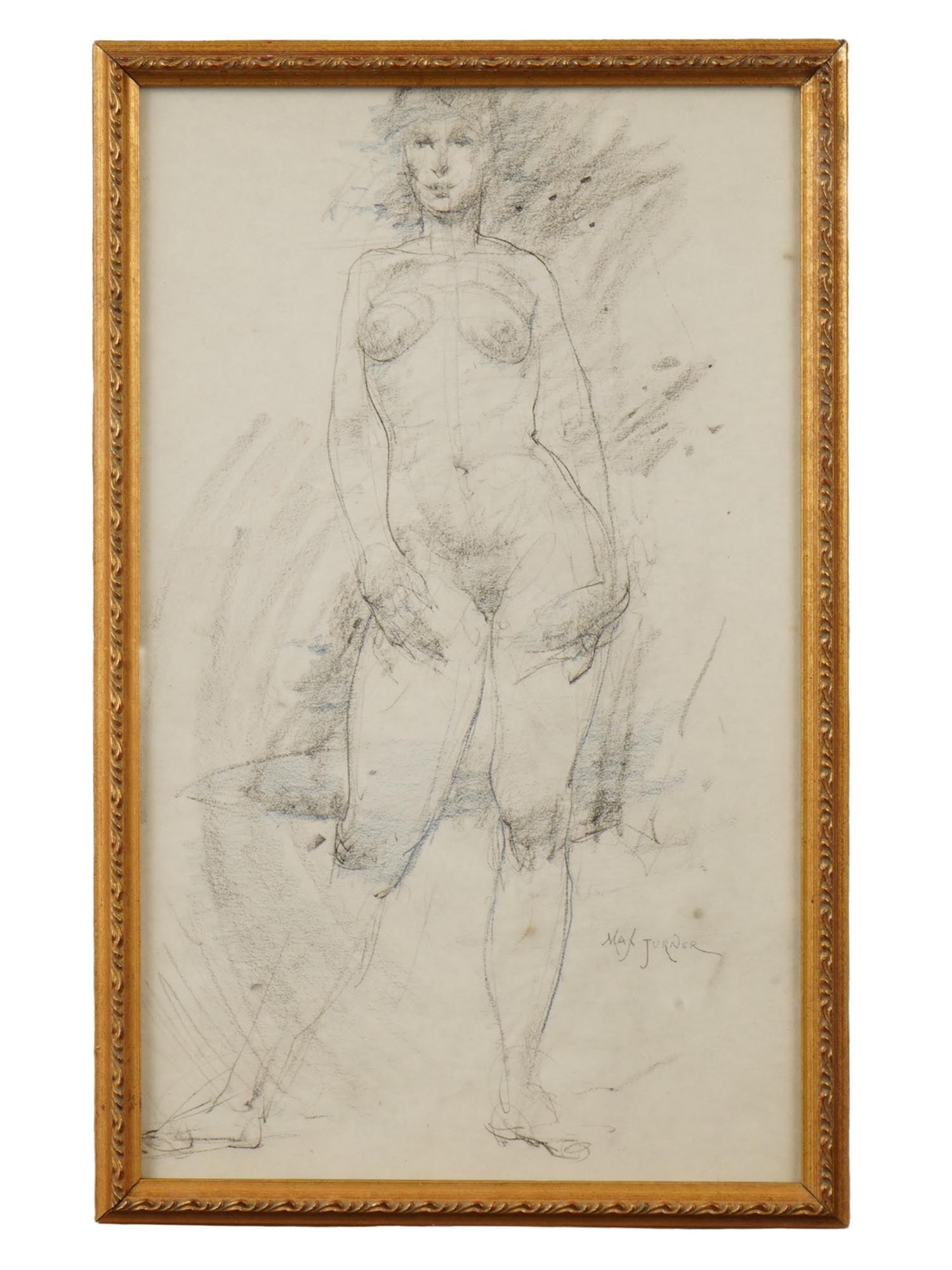AMERICAN PAINTING FEMALE NUDE SIGNED MAX TURNER: A mid century pencil drawing on paper signed lower right Max Turner, American, 1925 to 2019, depicting a female nude portrait. Max Turner was a Southern California painter, sculptor, and art instructo