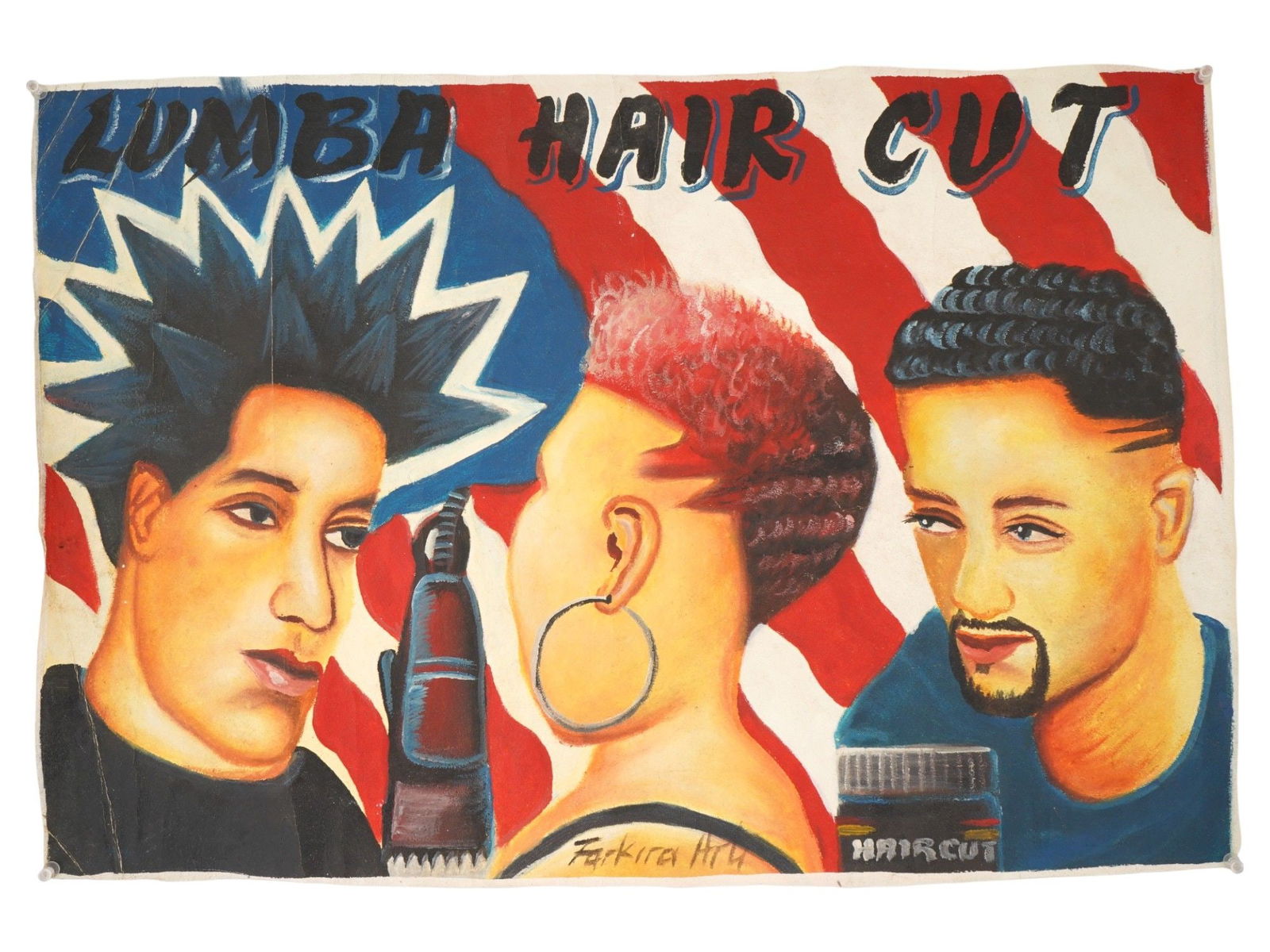 GHANAIAN OIL PAINTING BARBERSHOP SIGN BY FARKIRA: An original Folk Art oil painting on flour bag barbershop sign from Ghana. Signed by Farkira, lower to the center. The panel advertises Lumba Hair Cut and features three stylized portraits of two men