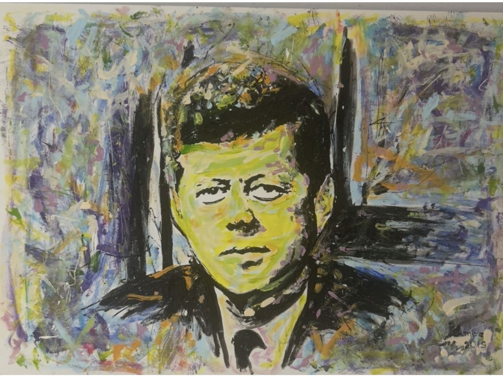 SIGNED IRYNA FEDORENKO SEMIRA JFK PORTRAIT 2019: This acrylic on board painting by contemporary Ukrainian artist Iryna Fedorenko (b. 1983), who works under the pseudonym Semira, presents a striking, expressive portrait of John F. Kennedy. Executed i