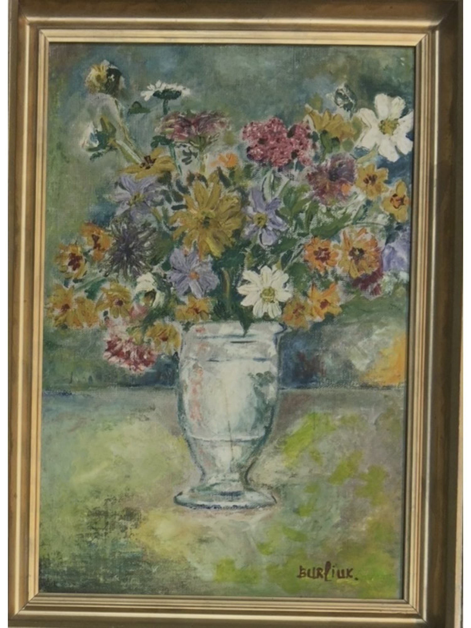 DAVID BURLIUK STILL LIFE WITH FLOWERS SOVIET ERA UKRAINIAN OIL: This expressive oil on board painting, titled Bouquet, was created in 1937 by David Burliuk (1882–1967), a pivotal figure of the Ukrainian avant-garde and the "father of Futurism". The work features