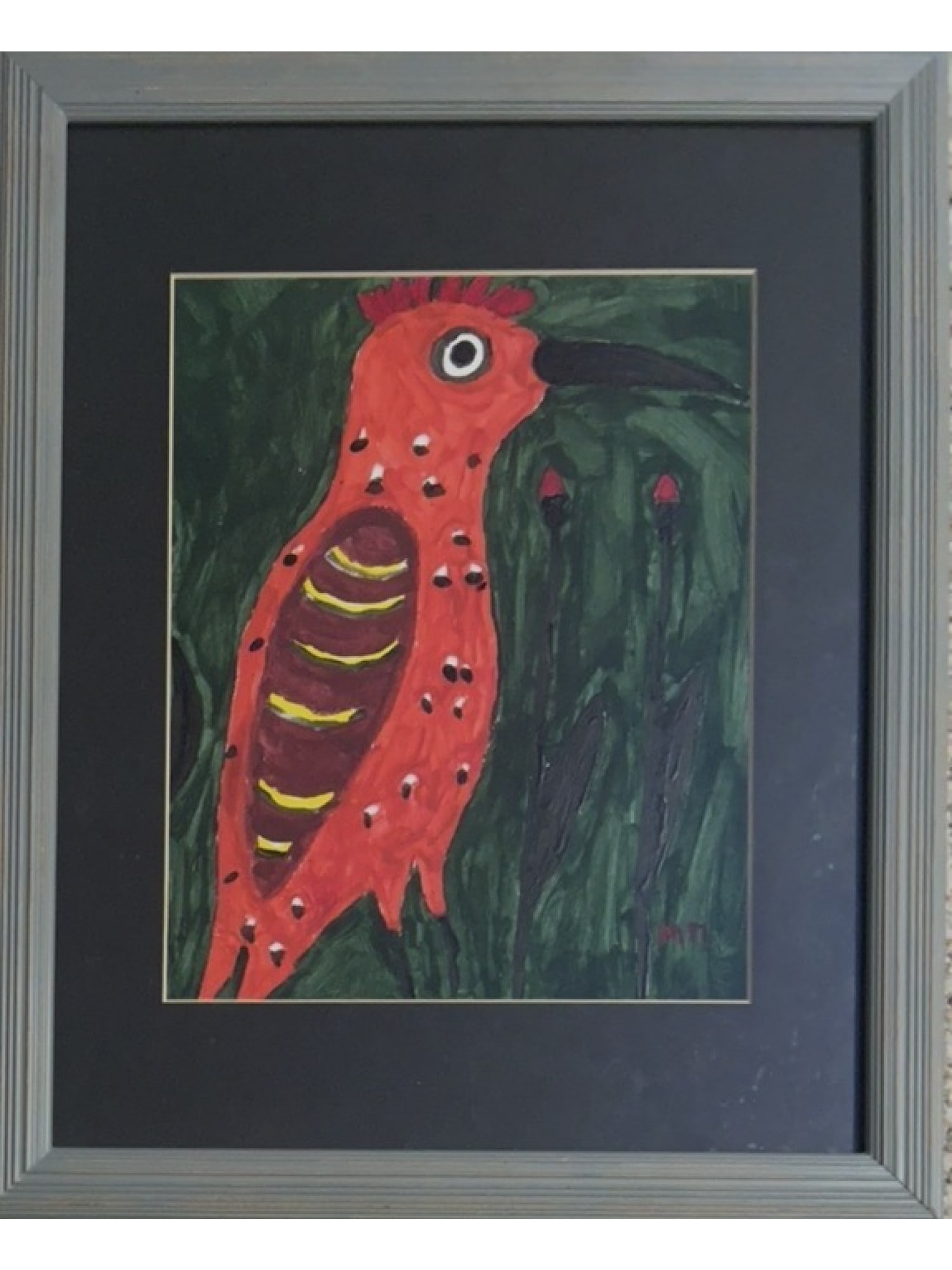ATTR MARIA PRYMACHENKO SOVIET ERA UKRAINIAN BIRD SCENE: This vibrant watercolor on cardboard, attributed to the celebrated Ukrainian folk artist Maria Prymachenko (1908–1997), features a stylized red bird with yellow striped detailing set against a dark