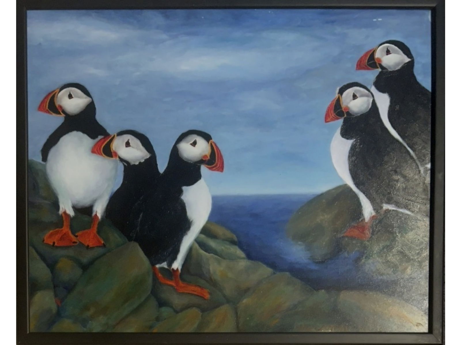 ATTR GERTRUDE ABERCROMBIE PUFFIN COLONY OIL ON BOARD: This oil on wood board, attributed to the American Surrealist Gertrude Abercrombie (1909–1977), depicts a colony of five puffins perched upon a rocky shoreline under a cloudy sky. The work is render