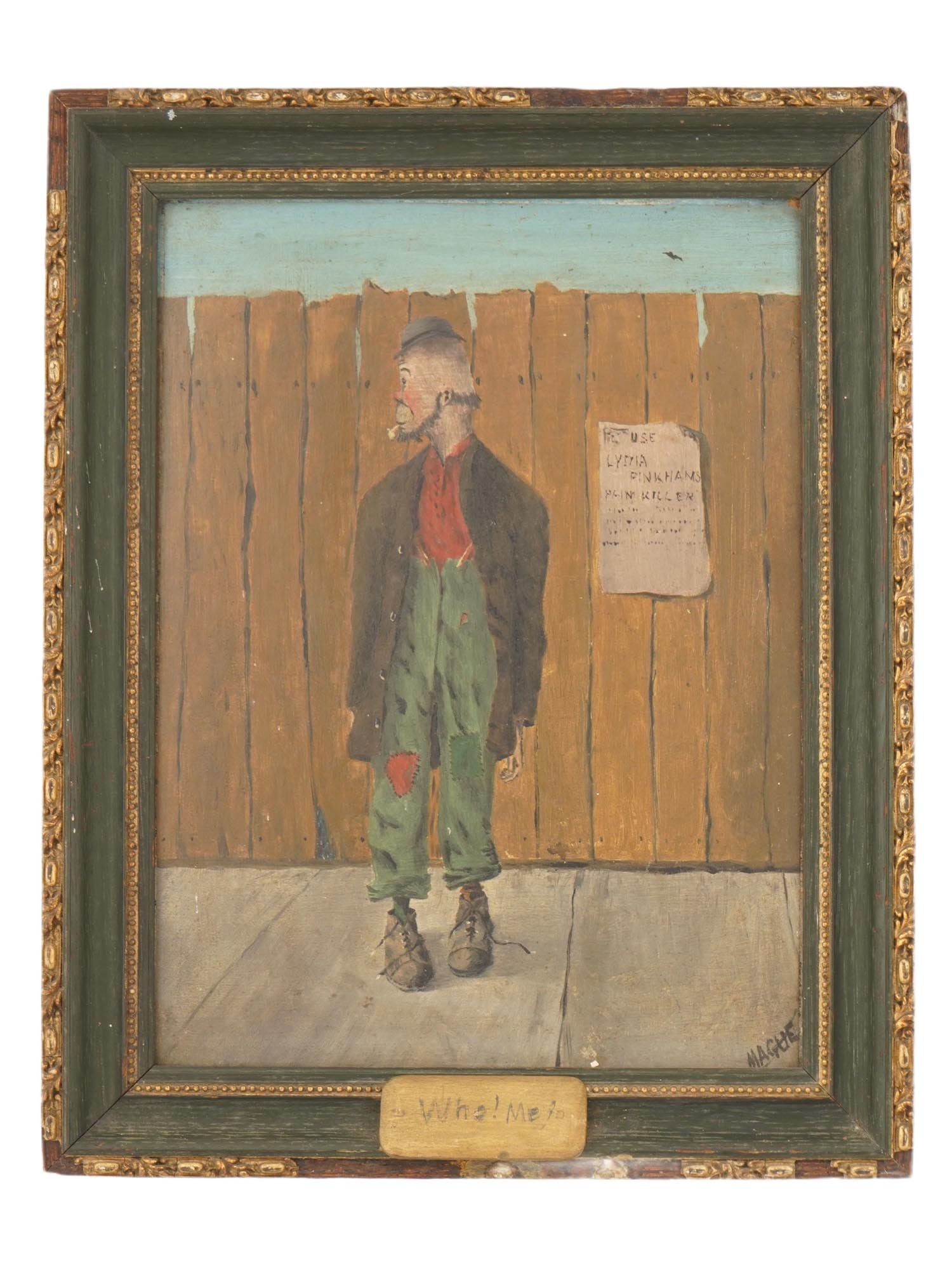 OIL PAINTING OF CLOWN SIGNED MAGUE: An oil painting on board, signed Mague, lower right. The artwork depicts a solitary figure in clown attire, standing against a weathered wooden fence. Titled Who! Me?, on the plate below. Framed. Vint