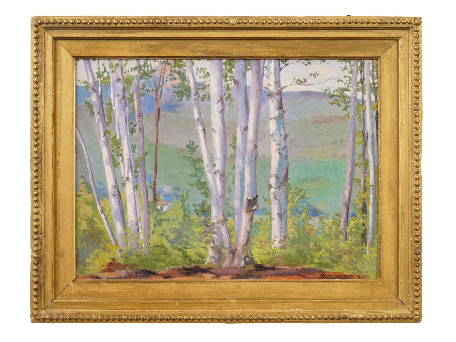 NORWEGIAN LANDSCAPE OIL PAINTING BY VIVIAN AKERS: Vivian Milner Akers, Norwegian, 1886 to 1966, an oil painting on canvas mounted on board depicting a landscape with trees, 1934. Signed and dated, lower right. Framed. Vivian Milner Akers was a nation