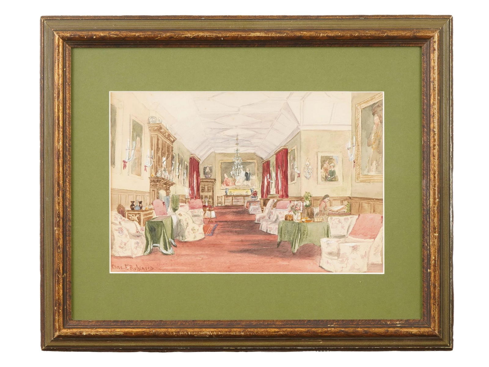 ANTIQUE INTERIOR SCENE PAINTING SIGNED ROBINSON: An antique watercolor interior scene painting on paper signed lower left Charles F. Robinson, dating from the late 19th to early 20th century, depicting an elegant drawing room rendered with detailed