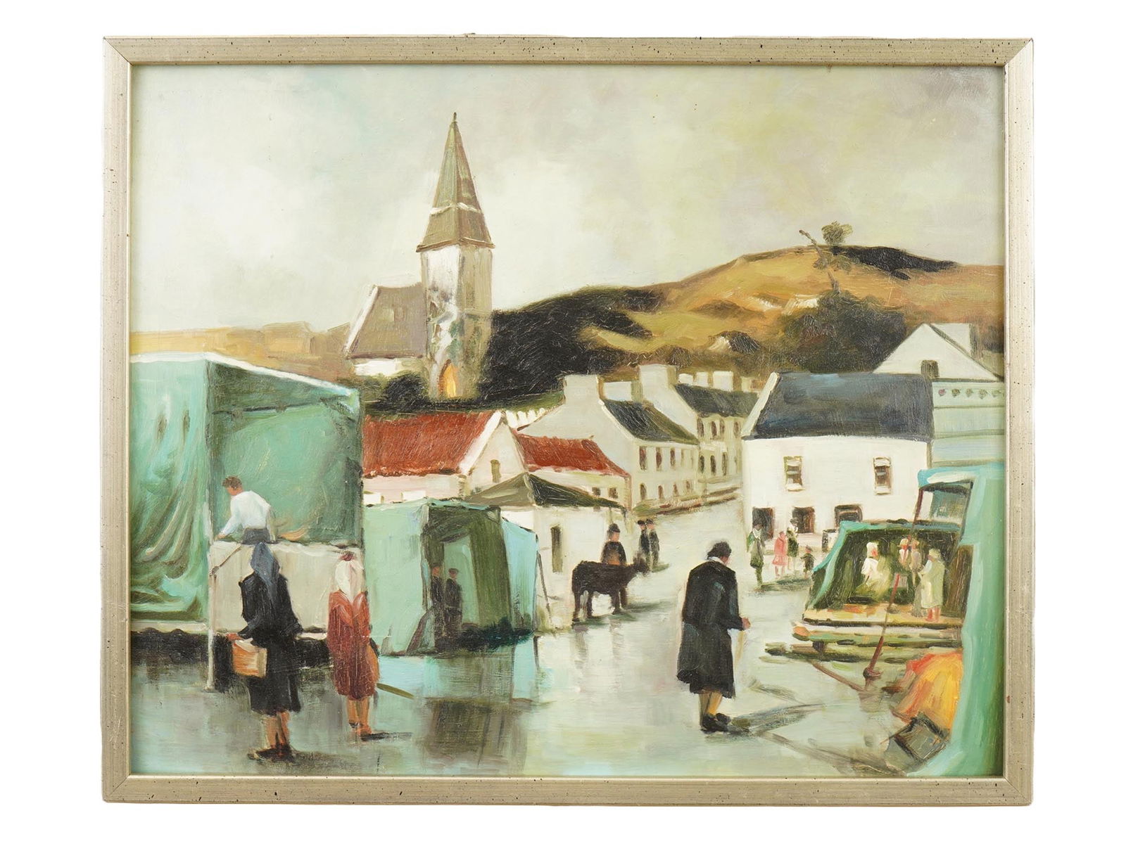 IRISH VILLAGE OIL PAINTING SIGNED CECIL MAGUIRE: An oil painting on board, Irish Village. Signed, Cecil Maguire and titled, on the backside. Framed. Cecil Maguire, 1930 to 2020, was an Irish landscape and figure painter. His work appears in such col