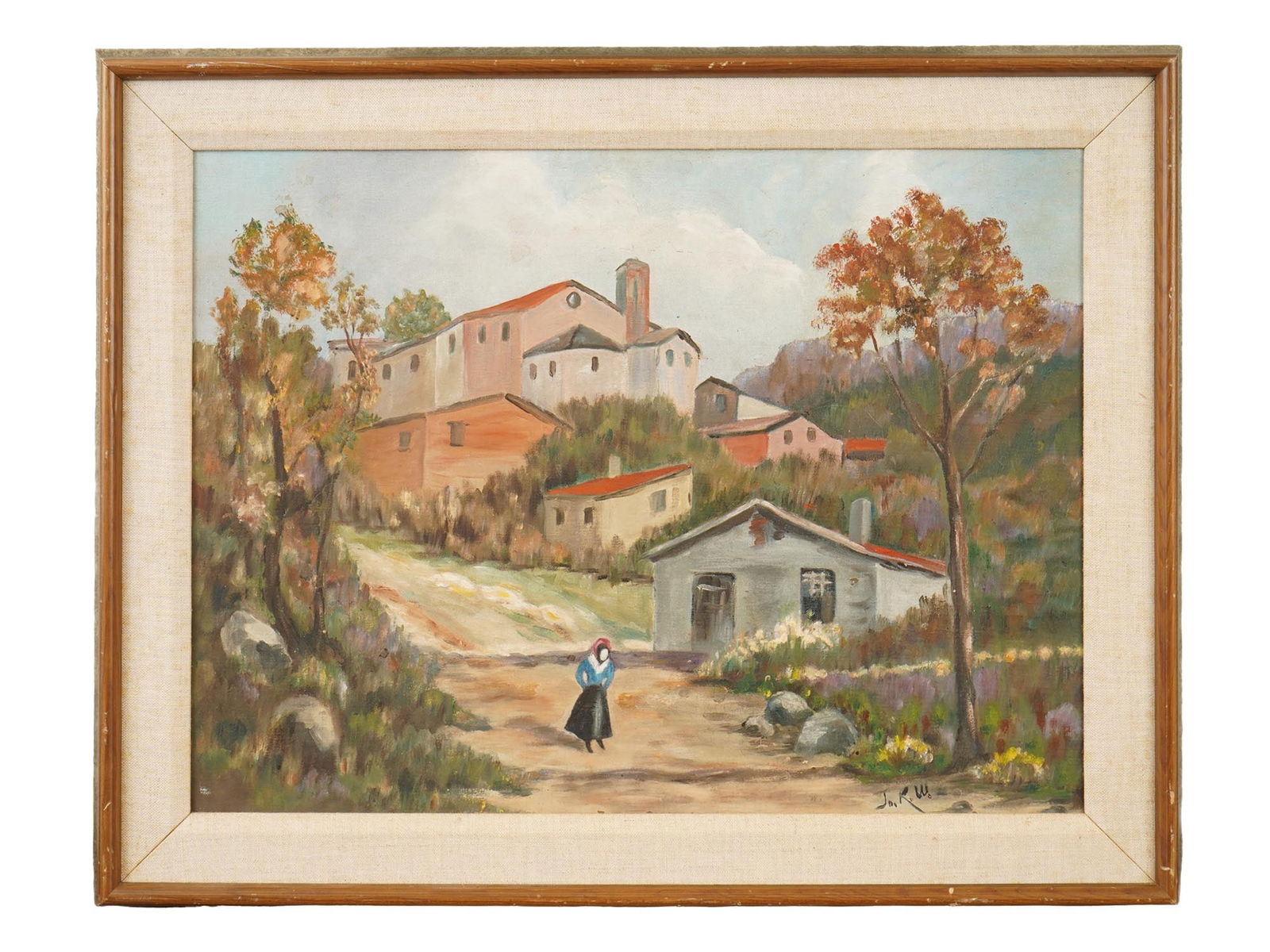 20TH C GENRE SCENE OIL PAINTING SIGNED BY THE ARTIST: A 20th century oil painting on board depicting a genre scene in a rural or townscape landscape. Signed by the artist with initials, J. K. W., lower right. Framed. Modernist and Mid century European Sc