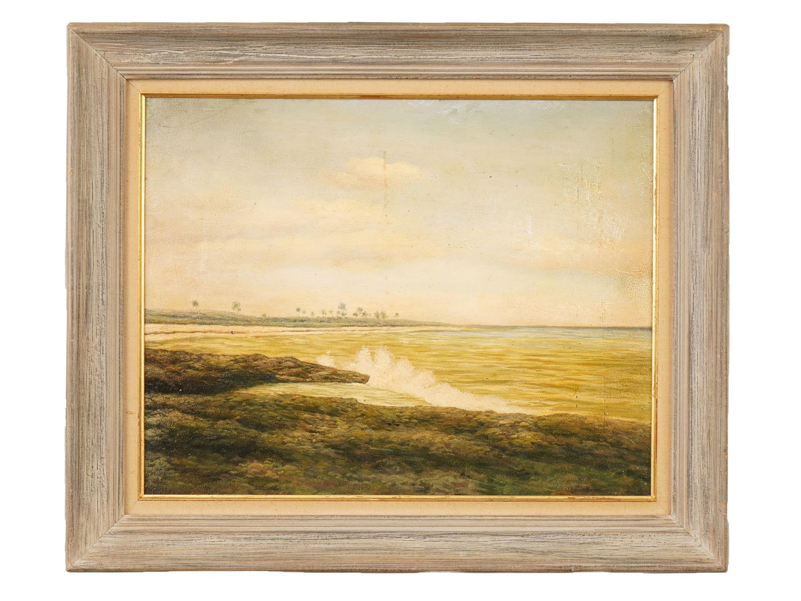 LANDSCAPE OIL PAINTING ATTR TO ARMIN BUCHTERKIRCH: An oil on board painting attributed to Armin Buchterkirch, 1859 to 1915, was an American 19th century artist. Featuring a rugged coastal scene. The dark foreground contrasts with the luminous sea and