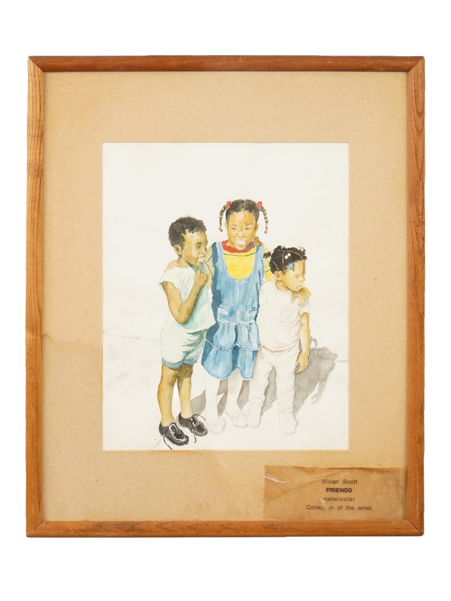 WATERCOLOR PAINTING FRIENDS BY VIVIAN SCOTT: A watercolor painting on paper, titled Friends, by Vivian Scott. Depicts three young African American children standing close together, capturing a candid moment of childhood friendship. Bears a galle