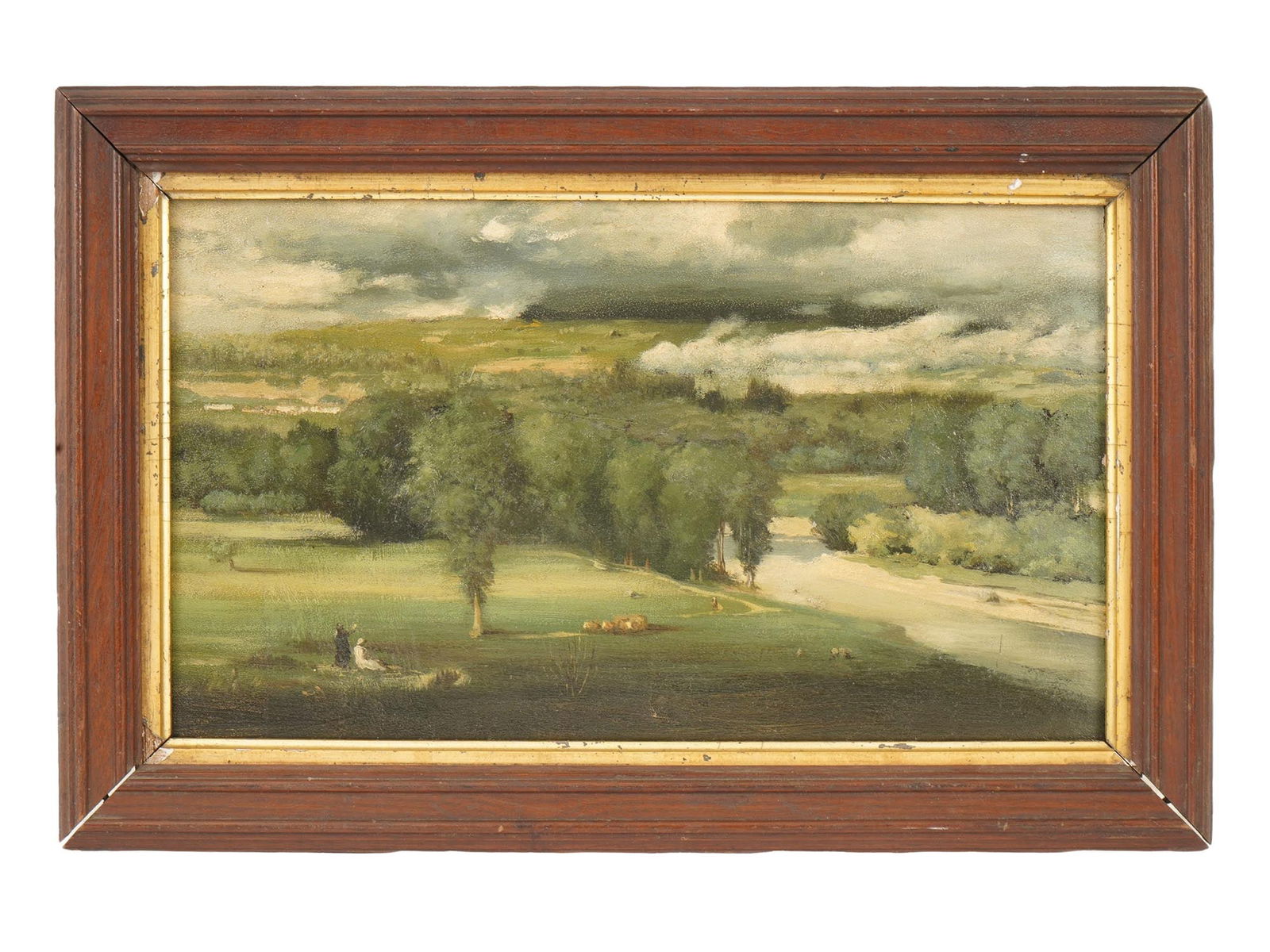 AFTER GEORGE INNESS AMERICAN LANDSCAPE OIL PAINTING: After George Inness, American, 1825 to 1894, oil on board landscape painting titled Saco Ford: Conway Meadows. It depicts an expansive pastoral landscape with forest and river. A serene river flows th