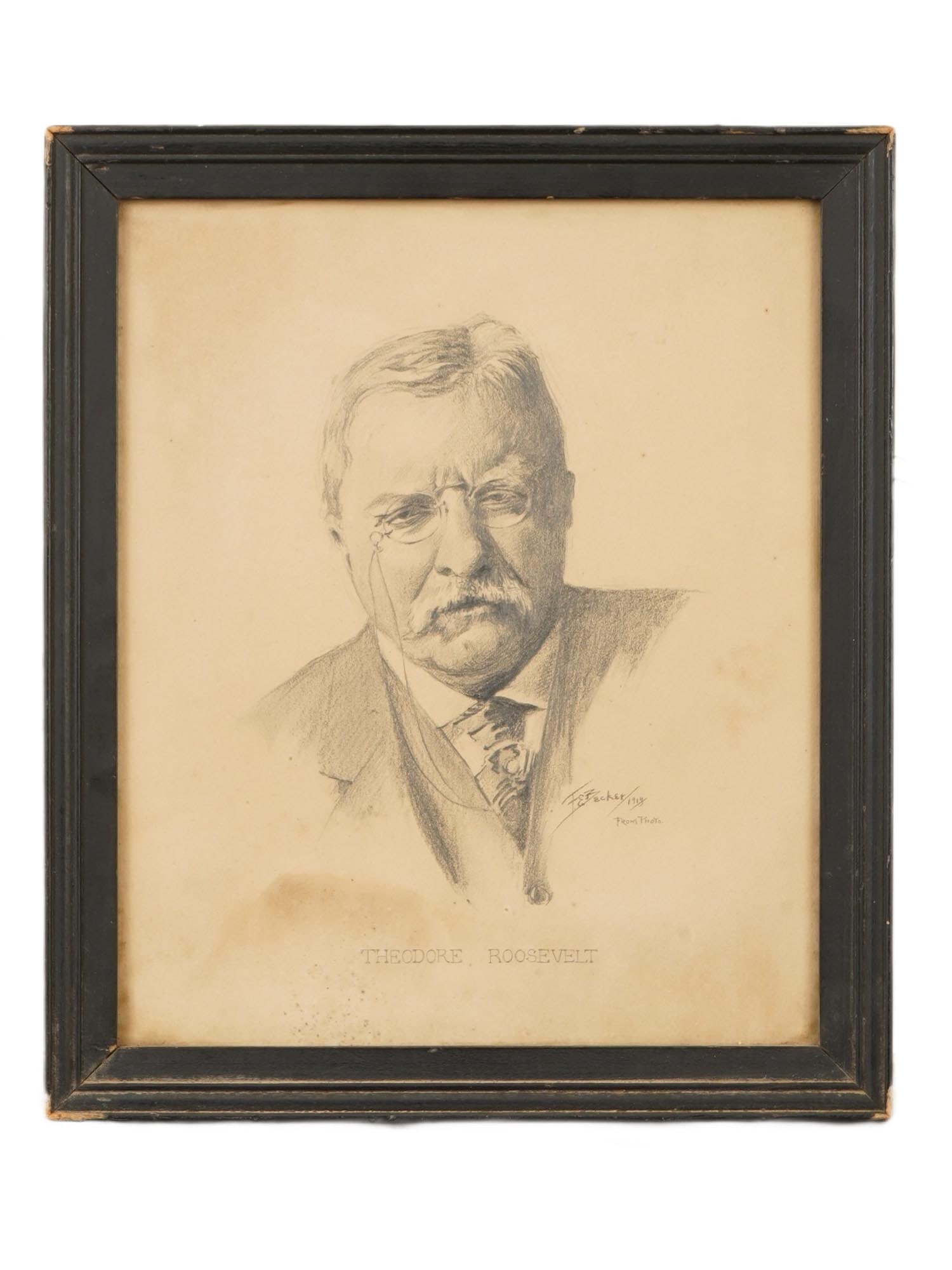 PENCIL PAINTING OF THEODORE ROOSEVELT SIGNED F E BECKER: A pencil on paper painting depicting a portrait of Theodore Roosevelt, the 26th President of the United States. Signed on the right F. E. Becker, dated 1919. Additionally inscribed: From Photo. Titled