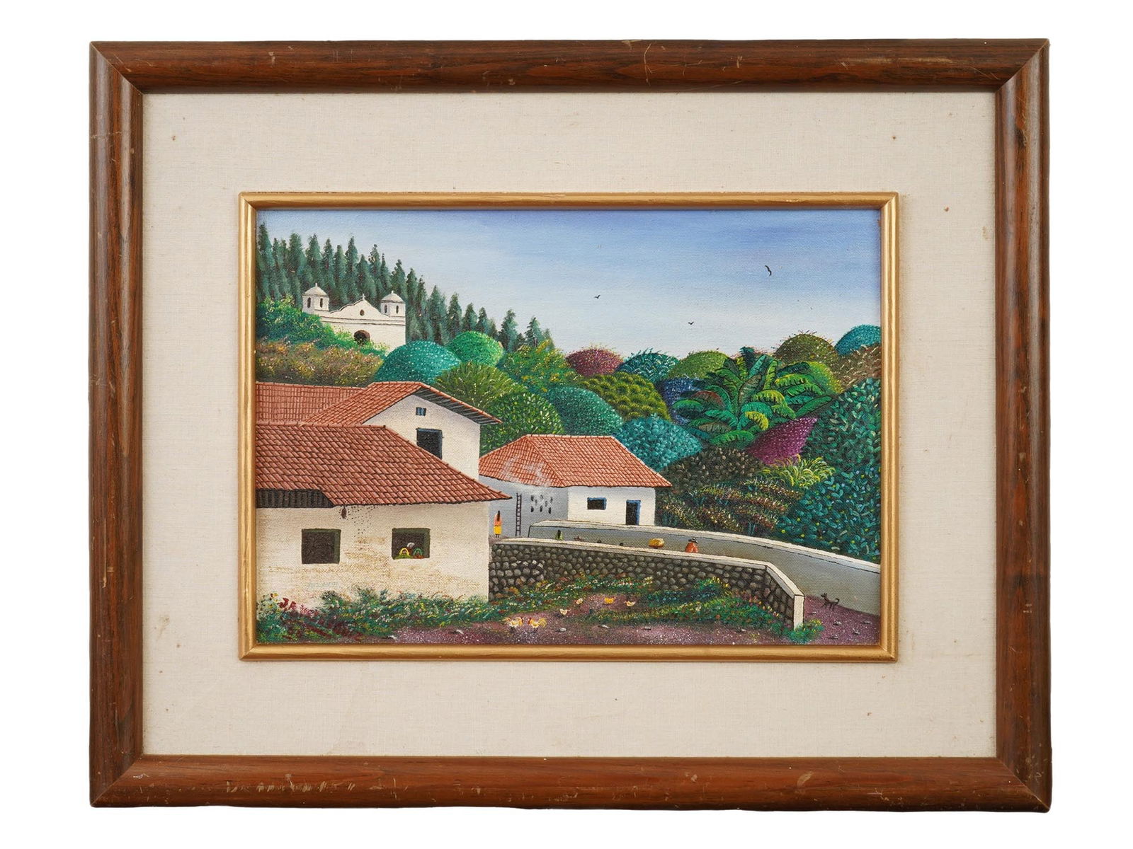 JOSE ANTONIO VELASQUEZ MANNER RURAL OIL PAINTING: An oil painting on canvas depicting a rural genre scene in a landscape in the manner of Jose Antonio Velasquez, Honduran, 1906 to 1983. Framed. Jose Antonio Velasquez was a self taught Honduran painte