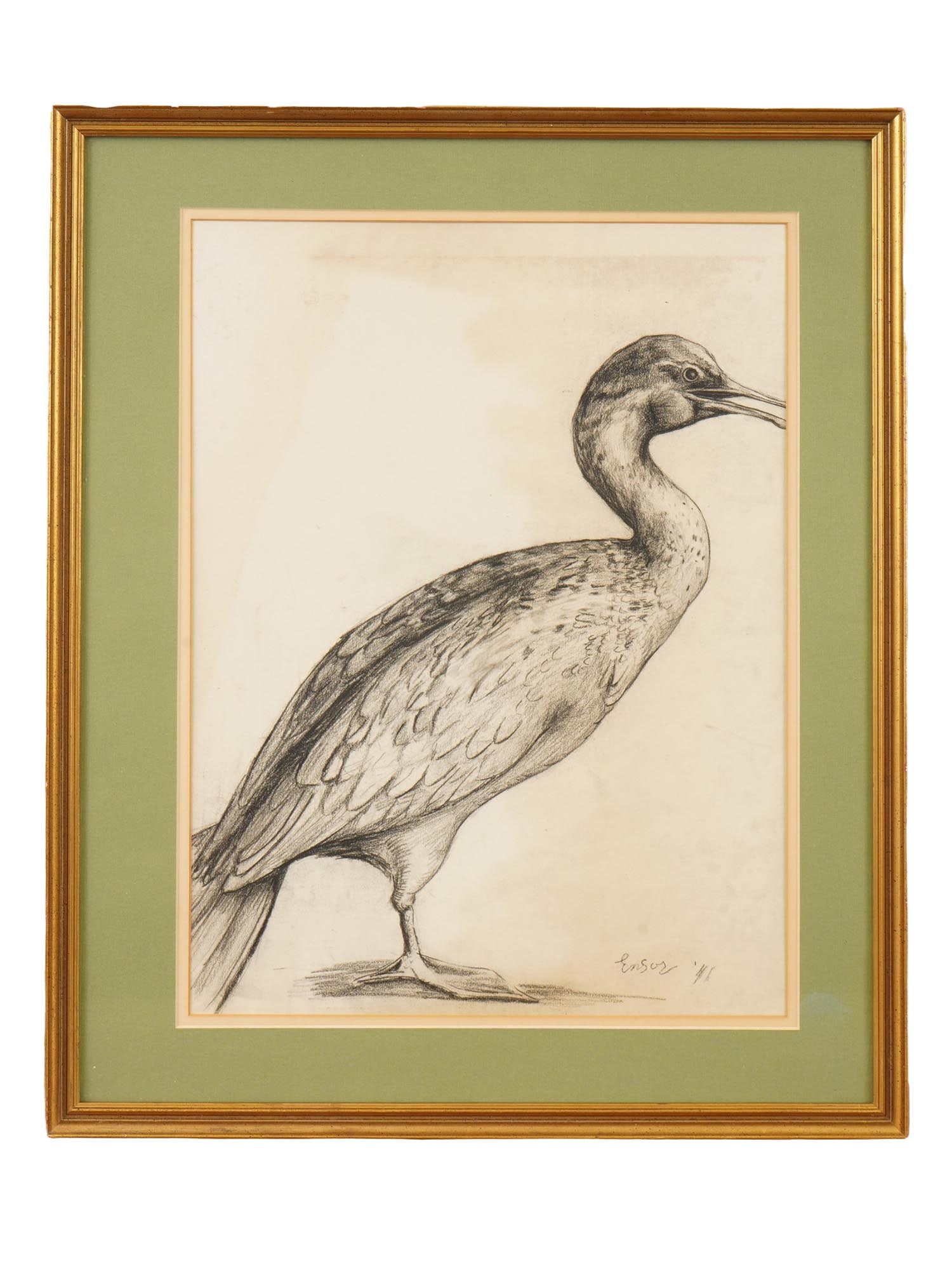 1941 BIRD PORTRAIT CHARCOAL PAINTING SIGNED ENSOR: A charcoal painting on paper depicting a portrait of a Cormorant bird, 1941. Signed, Ensor, and dated 41, lower right. Framed. James Sidney Edouard, Baron Ensor, 1860 to 1949, was a Belgian painter an