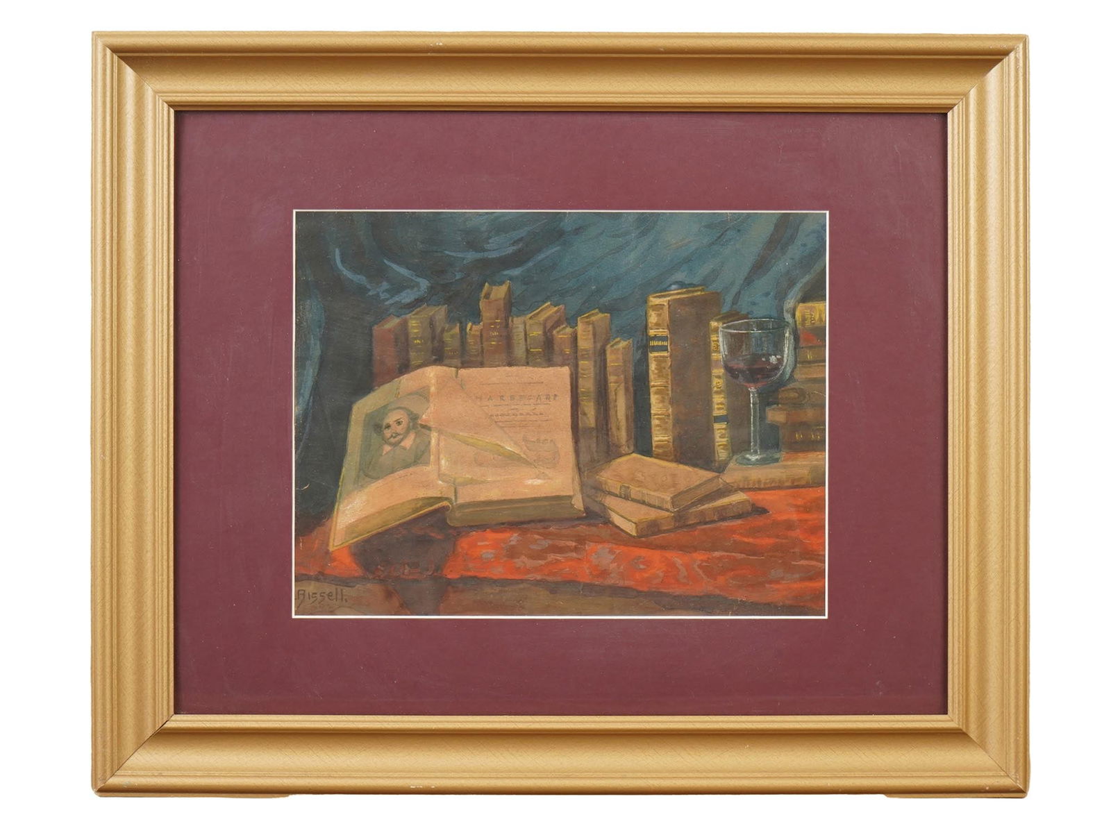 STILL LIFE WATERCOLOR SIGNED BISSELL: A watercolor painting on paper, signed Bissell in the lower left corner. Featuring an evocative still life that blends literary and classical themes. Matted and framed. Antique and Vintage Fine Art, W