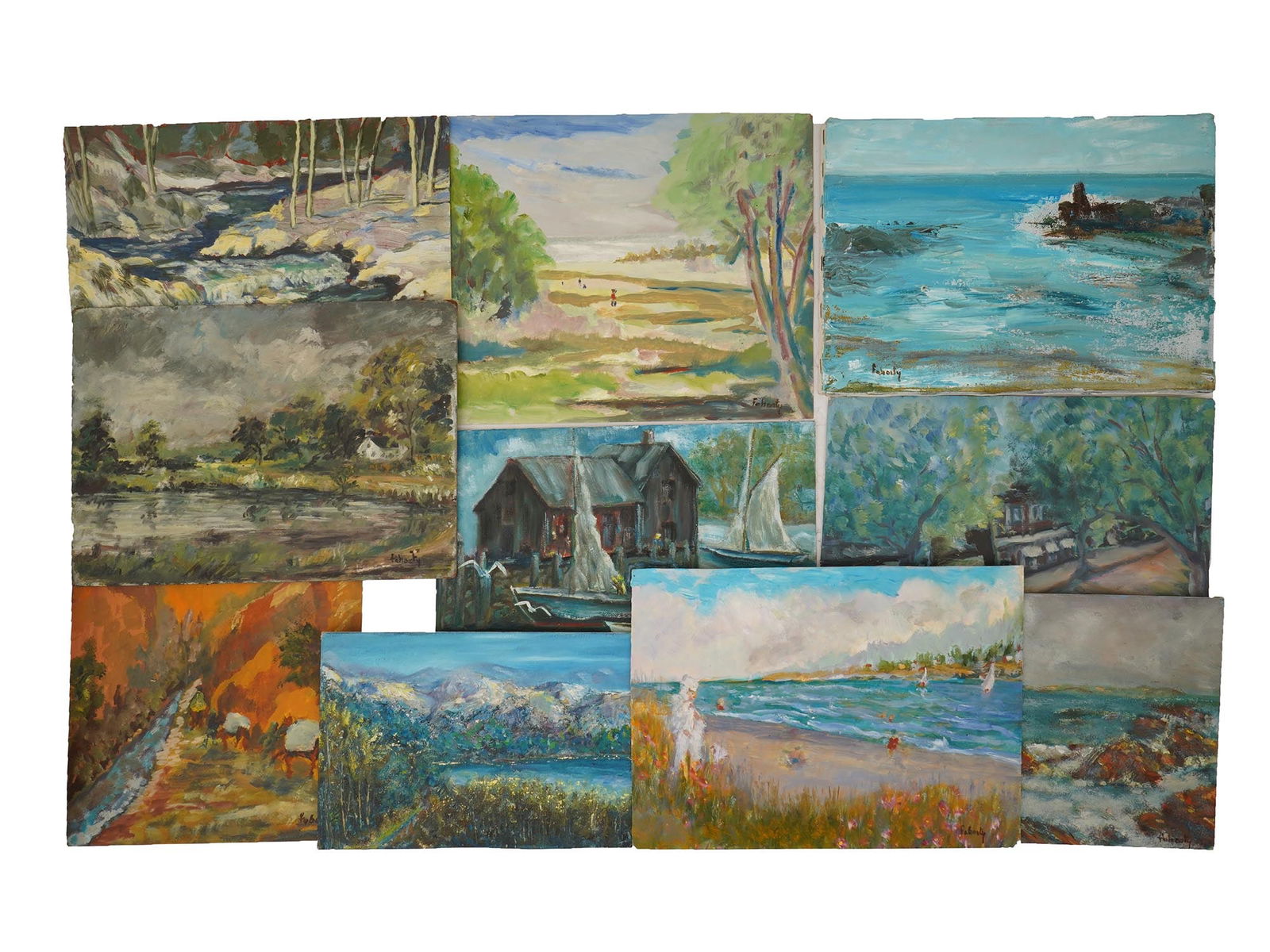 GROUP OF TEN LANDSCAPE OIL PAINTINGS SIGNED FAHERTY: A group of ten oil on canvas and oil on board landscape paintings signed Faherty. Each is signed lower right. Evelyn Marie Allen Faherty, 1919 to 2015 was a prominent American Impressionist painter as