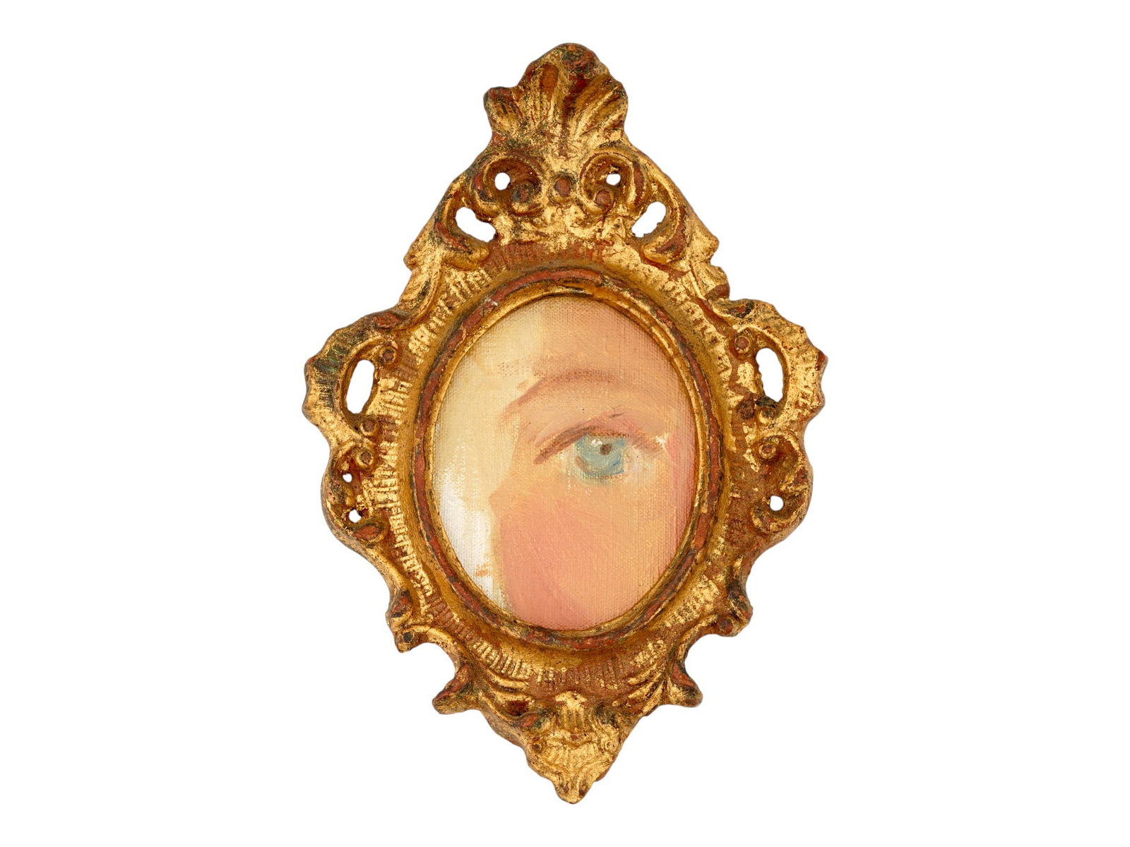 LOVERS EYE PORTRAIT OIL MINIATURE PAINTING FRAMED: A Lovers Eye oil miniature painting on canvas mounted on board. This genre of intimate portraiture was popular from the late 18th to the early 19th century and was often commissioned as a discreet tok