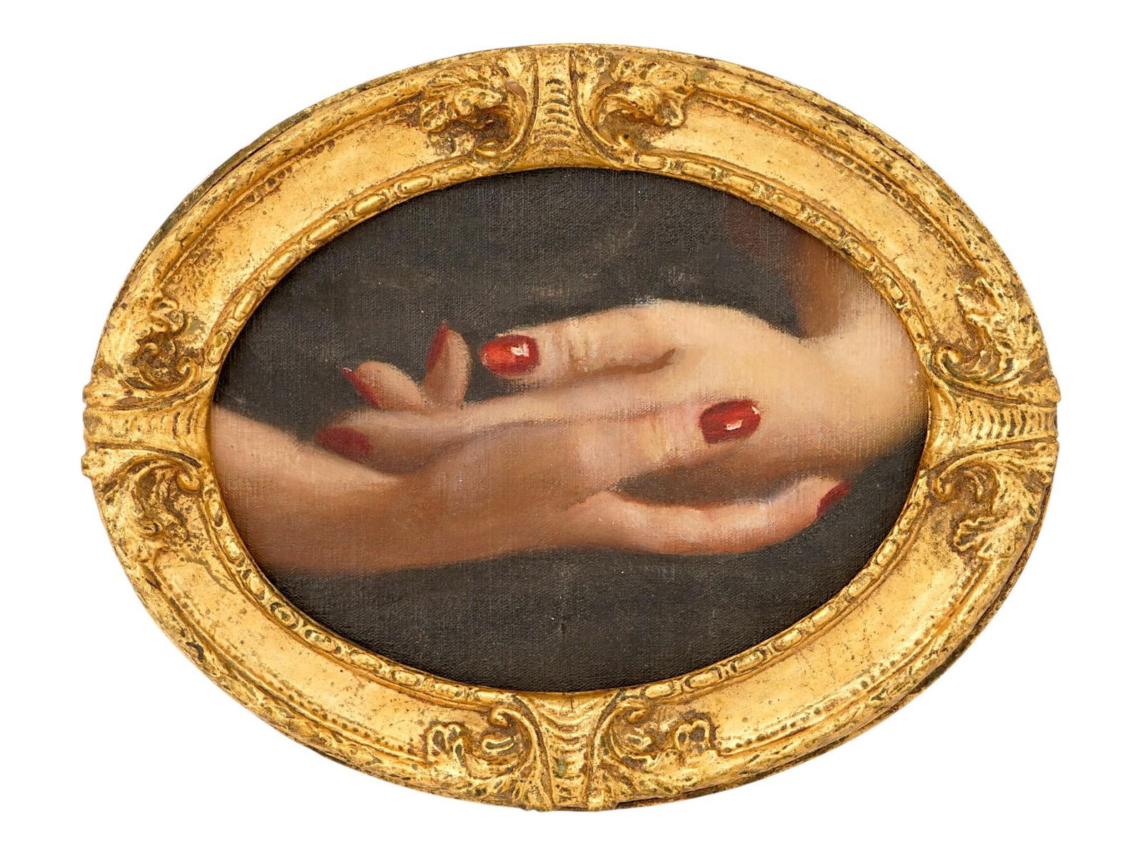 OVAL LOVERS HANDS OIL MINIATURE PAINTING FRAMED: A Lovers Hands oil miniature painting on canvas mounted on board. These miniatures were used by couples in love to secretly exchange portraits when openly wearing a full length portrait was impossible