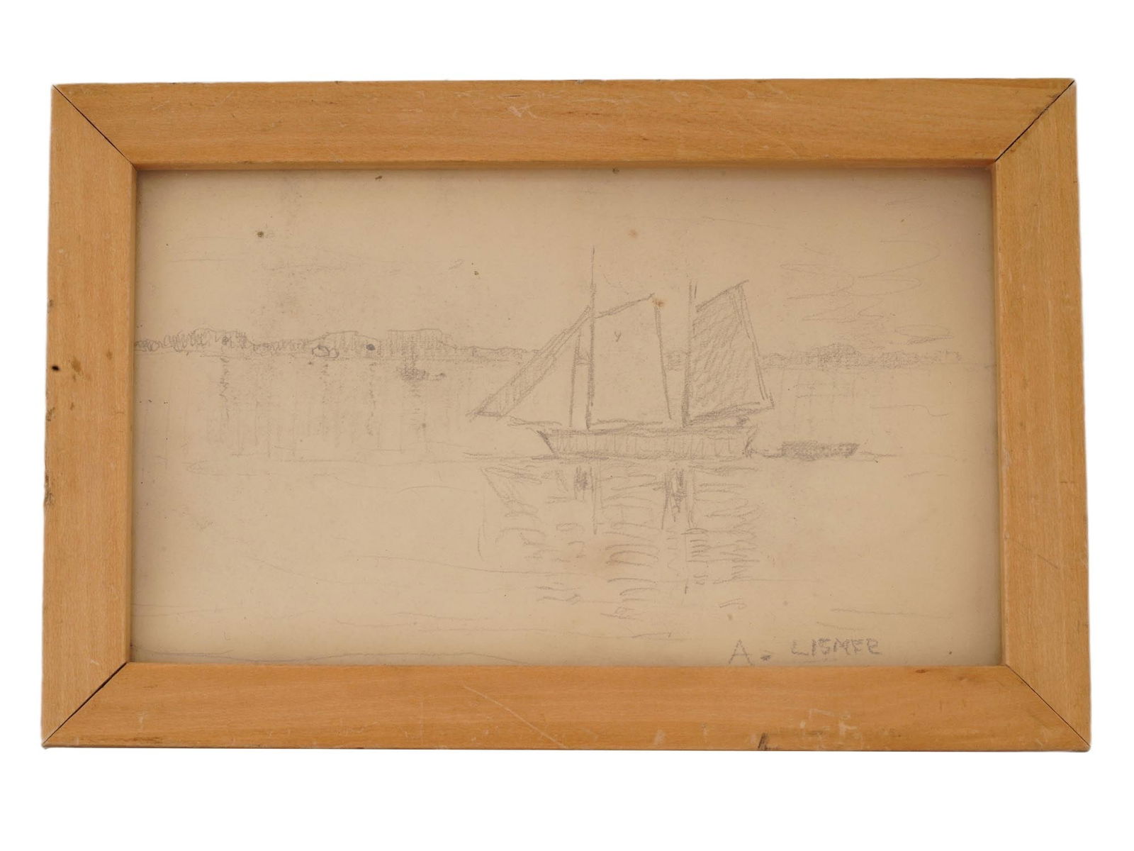 SIGNED ARTHUR LISMER DOUBLE SIDED CANADIAN PAINTING: A pencil sketch on paper, depicting a marine scene. Signed lower right A. Lismer for Arthur Lismer, Canadian, 1885 to 1969, a founding member of the renowned Group of Seven. The opposite side of the a