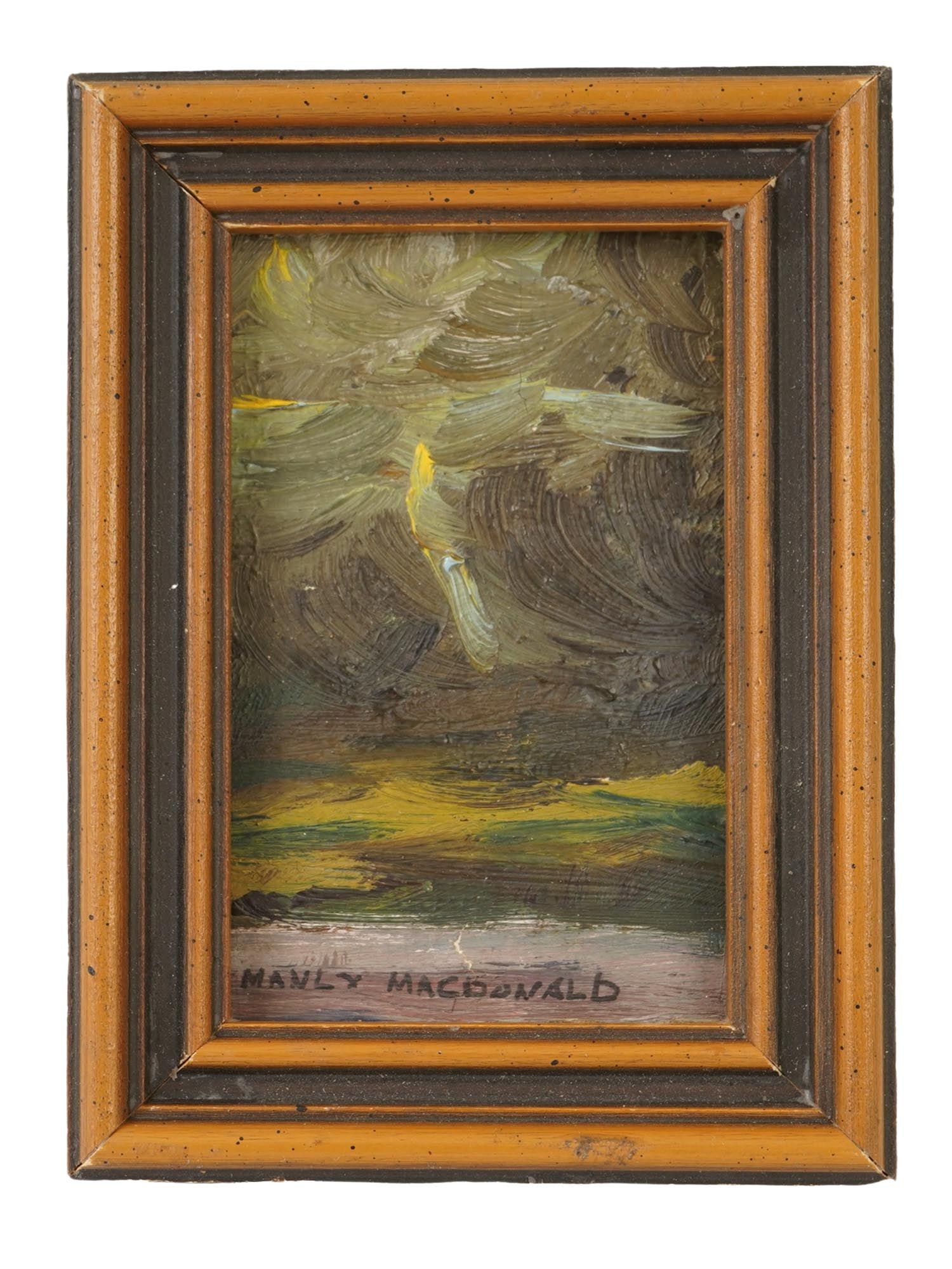 CANADIAN LANDSCAPE OIL PAINTING SIGNED MANLY MACDONALD: An oil painting on board depicting an abstract landscape. Signed, Manly MacDonald, lower left. Framed. Additionally inscribed, on the backside. Manly Edward MacDonald, 1889 to 1971, was a Canadian imp