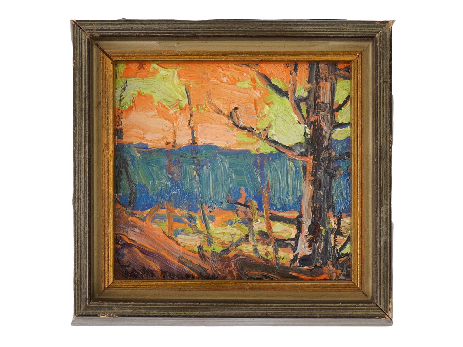 SIGNED TOM THOMSON CANADIAN LANDSCAPE OIL PAINTING: A miniature Canadian oil painting on board depicting a landscape. Signed Tom Thomson lower left. Framed. Tom Thomson, 1877 to 1917, was an influential Canadian artist of the early 20th century. He wor