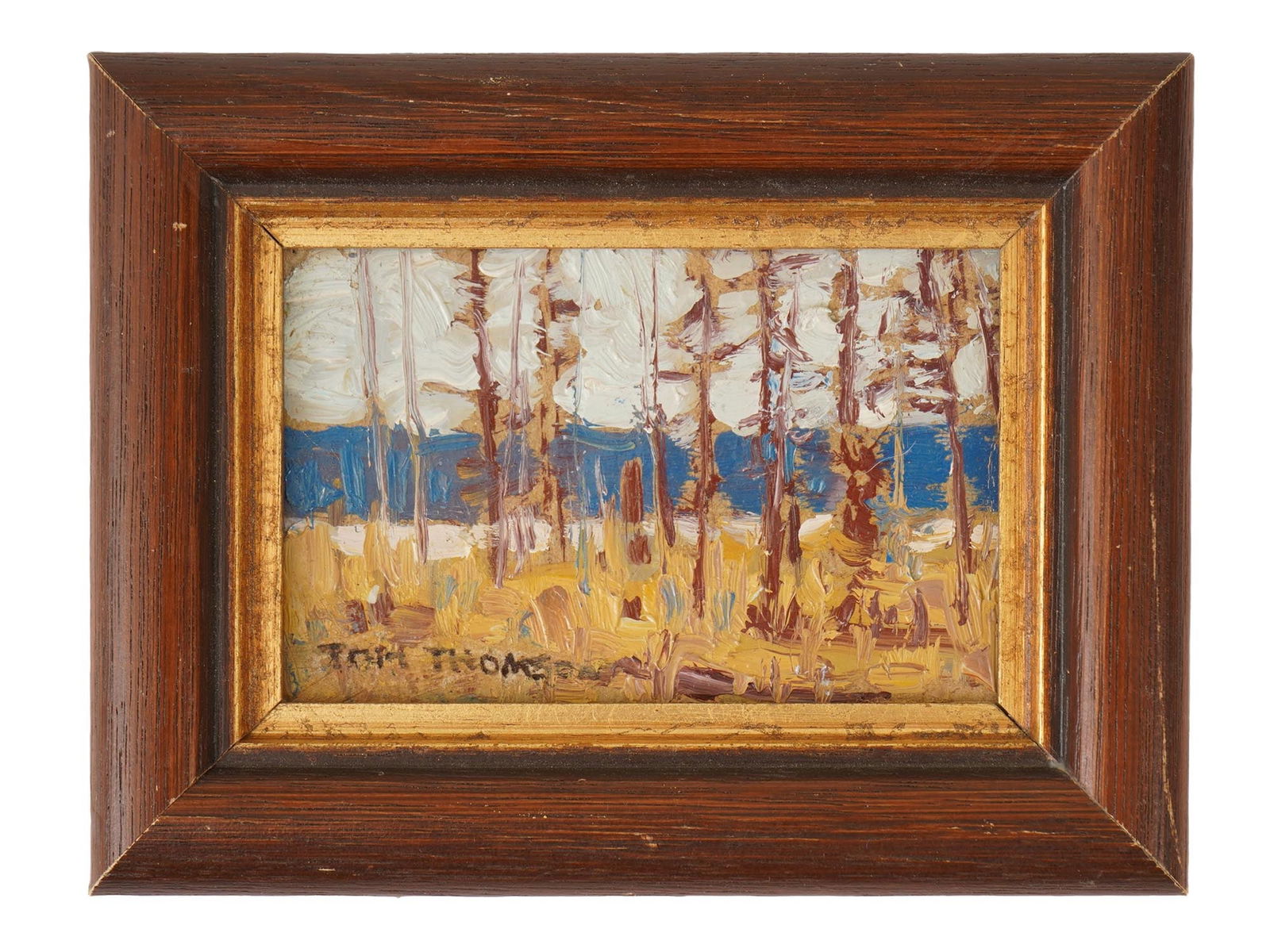 SIGNED TOM THOMSON CANADIAN LANDSCAPE OIL PAINTING: A miniature Canadian oil painting on board depicting a landscape. Signed Tom Thomson lower left. Framed. Additionally inscribed on the back side: Algonquin Park, circa 1917. Tom Thomson, 1877 to 1917,