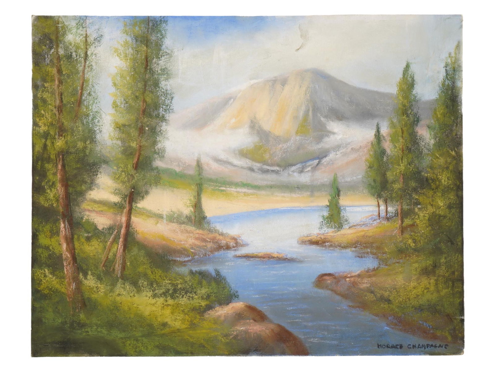 HORACE CHAMPAGNE CANADIAN LANDSCAPE PASTEL PAINTING: A Canadian pastel painting on board depicting a landscape with a mountain, trees and a body of water. Signed Horace Champagne 1937, is a Canadian artist from Montreal. He is considered a master of the