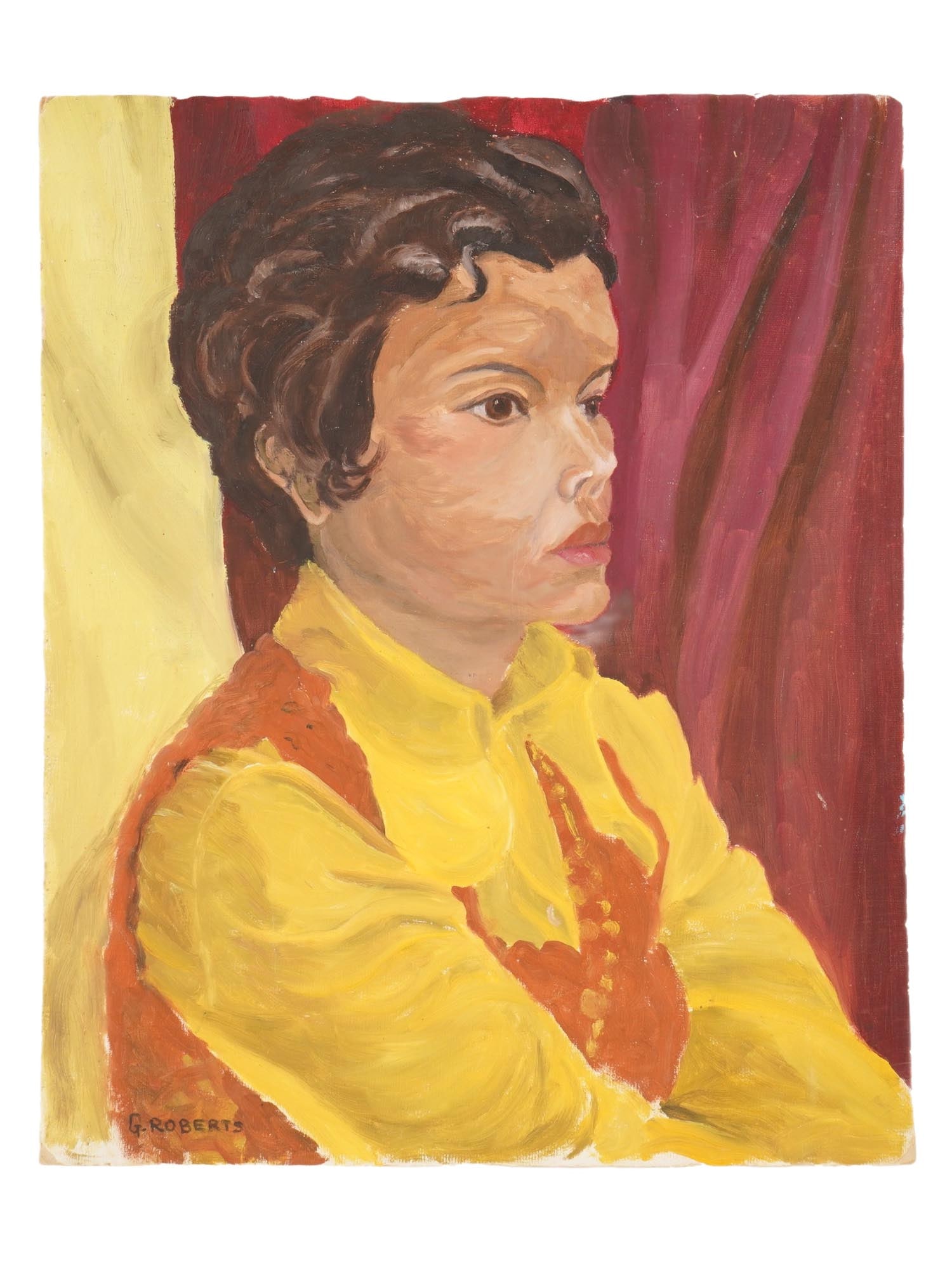 PORTRAIT OIL PAINTING SIGNED GOODRIDGE ROBERTS: An oil on canvas portrait painting of a young person in a yellow shirt and an orange vest with red accents, signed G. Roberts in the lower left. Inscribed on the back side William Goodridge Roberts. W