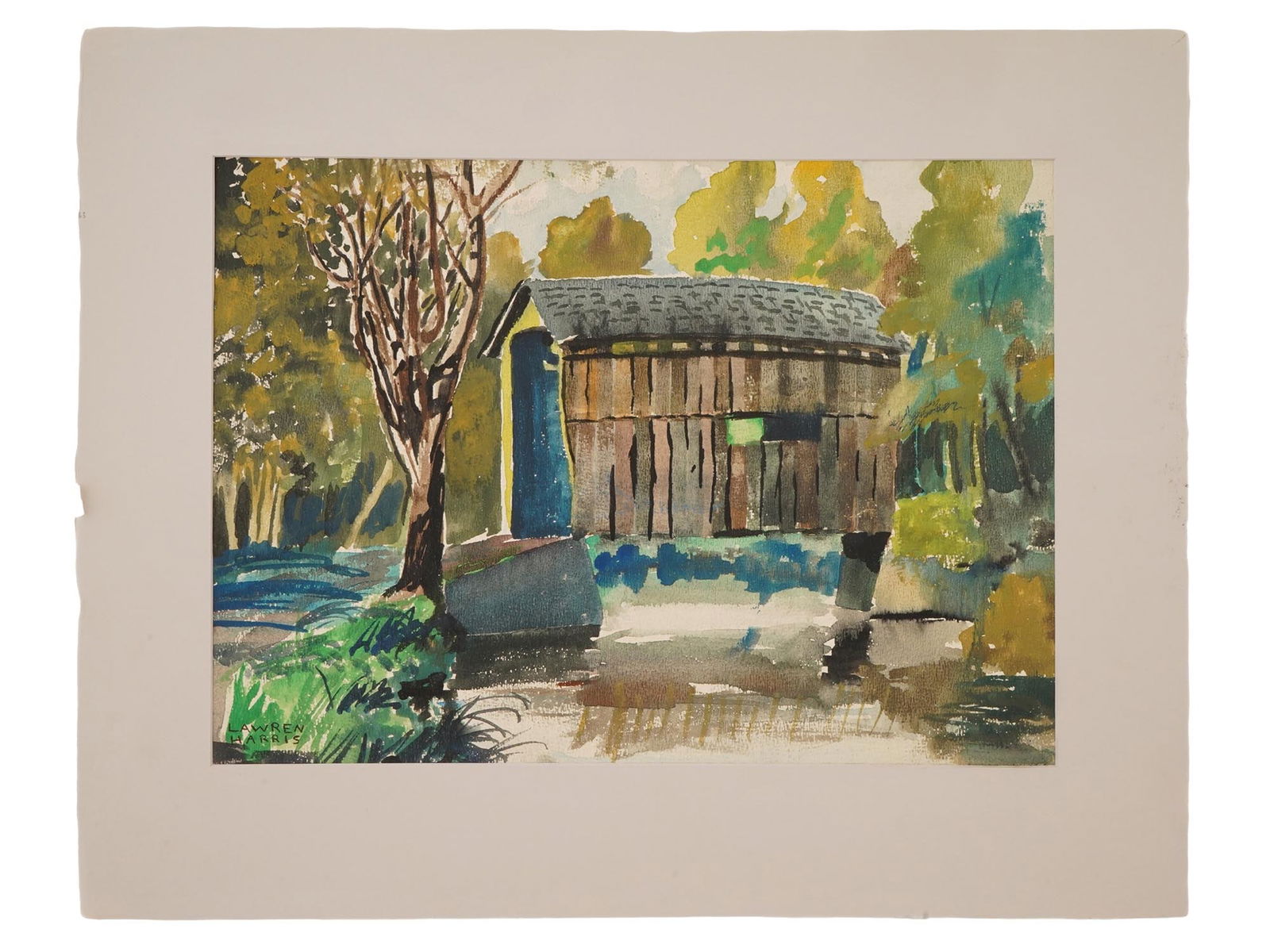 CANADIAN WATERCOLOR PAINTING SIGNED LAWREN HARRIS: A watercolor painting on paper depicting a rural landscape view with a house. Signed, Lawren Harris, lower left. Matted. Stamped, Heffel Fine Art Auction House, on the reverse. Lawren Stewart Harris,