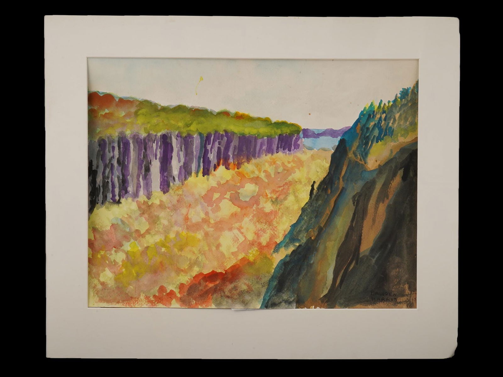 CANADIAN WATERCOLOR PAINTING SIGNED LAWREN HARRIS: A watercolor painting on paper depicting a landscape. Signed, Lawren Harris, lower right. Matted. Stamped, Heffel Fine Art Auction House, on the reverse. Lawren Stewart Harris, Canadian, 1885 to 1970,
