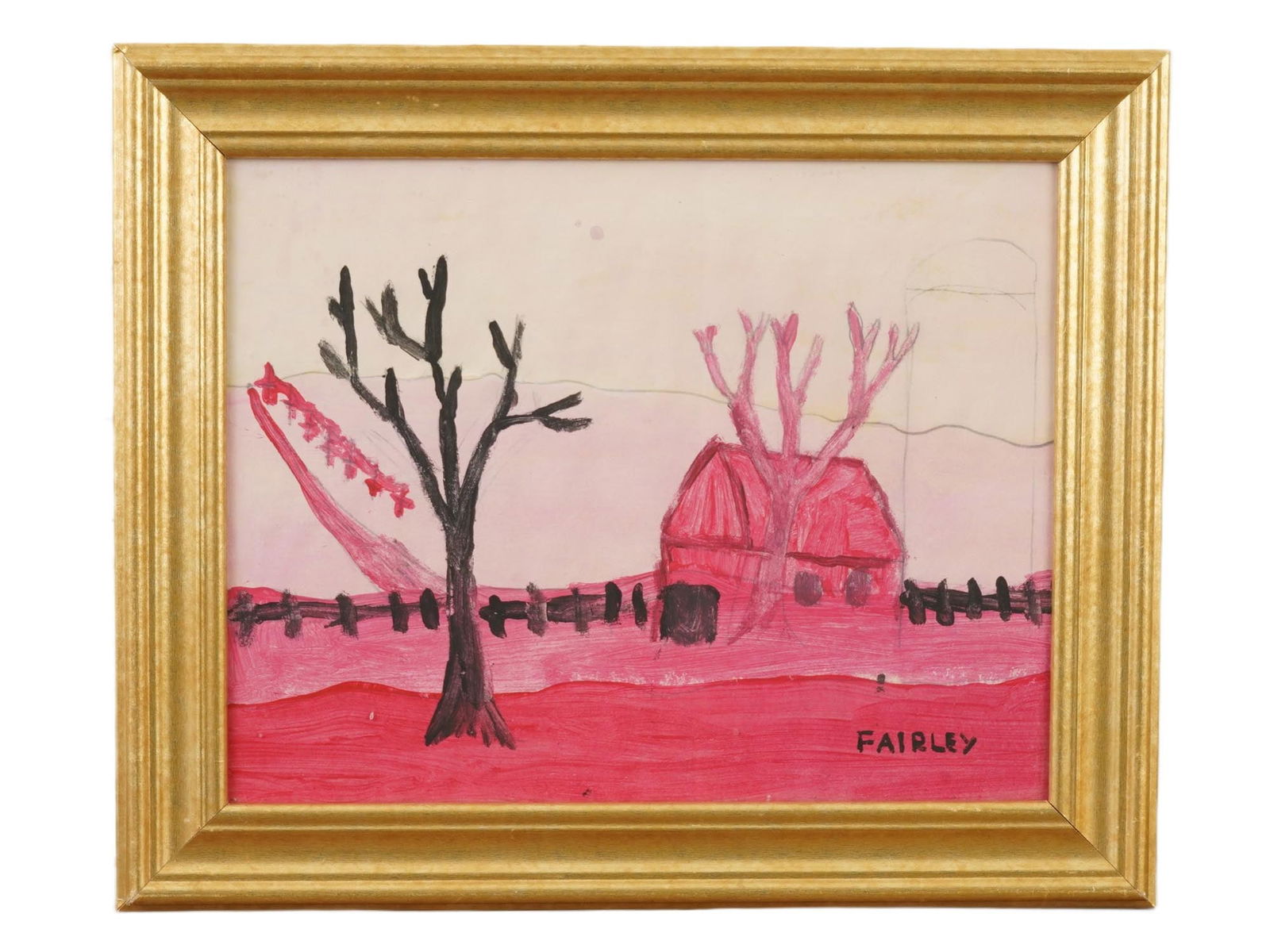 CANADIAN RURAL MIXED MEDIA PAINTING SIGNED FAIRLEY: A mixed media painting on paper depicting a barn in a rustic landscape, in red and black shades. Signed, Fairley, lower right. Framed. Additionally inscribed, dated 1975 and titled, on the backside. B
