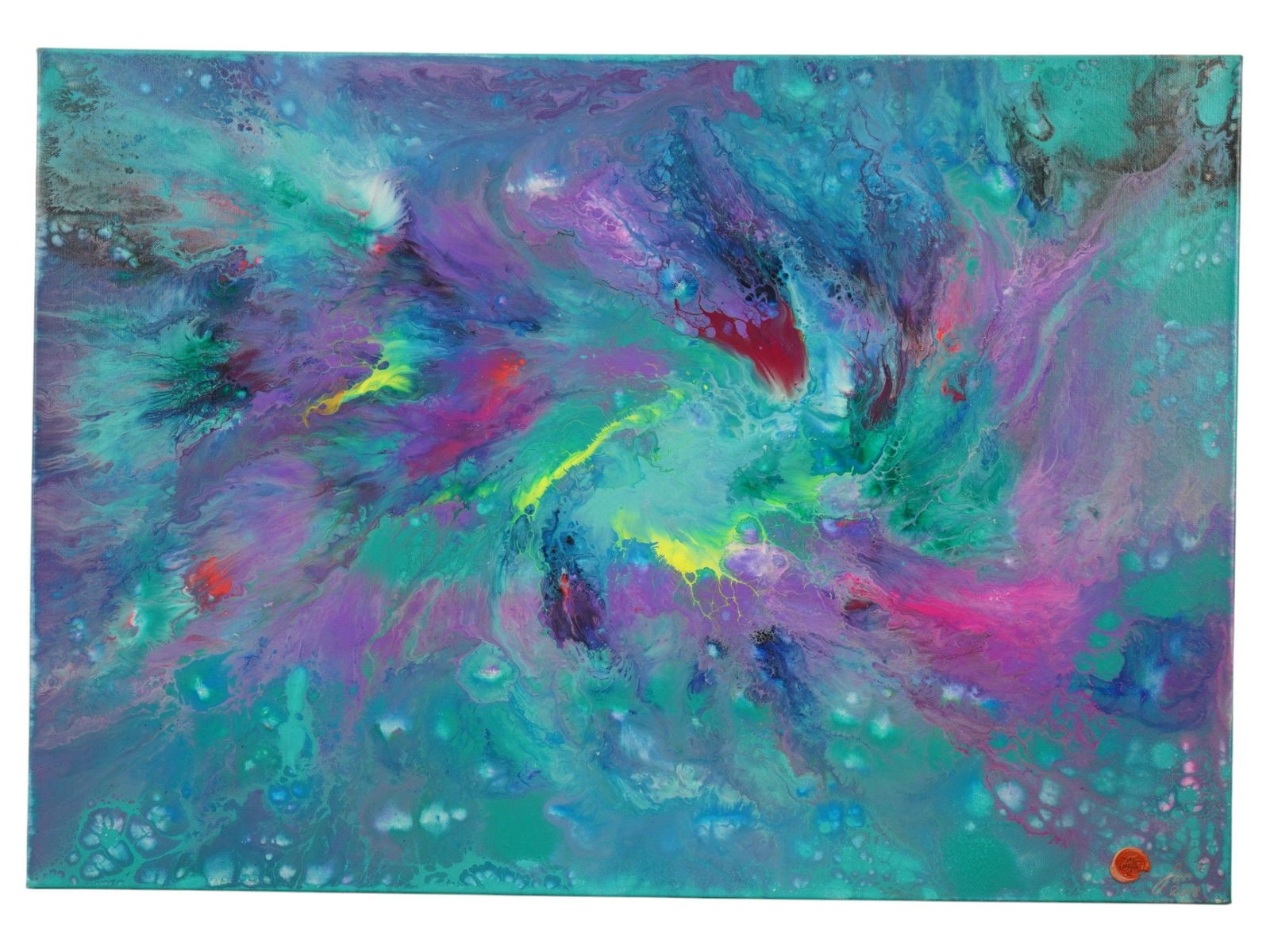 ABSTRACT PAINTING SIGNED TIBERIU SOOS PRIMORDIAL CHAOS: An acrylic painting on canvas titled Primordial Chaos signed Tiberiu Soos and dated 2018. The abstract composition reflects the artists mature, contemporary style, with an emphasis on color, light, an
