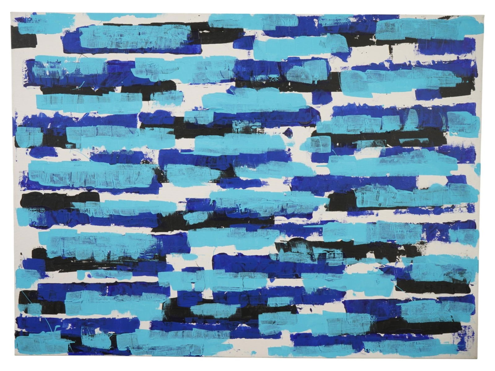 MODERN ABSTRACT ACRYLIC PAINTING ON CANVAS: A modern abstract acrylic painting on canvas, featuring bold, horizontal brushstrokes in varying shades of blue and black set against a white ground. Executed in a style reminiscent of abstract expres