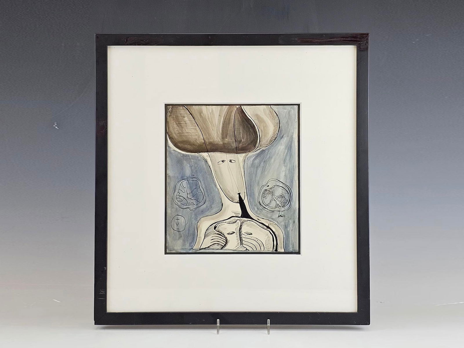 MIHAIL CHEMIAKIN RUSSIAN MIXED MEDIA PAINTING: Mihail Chemiakin, Russian, born 1943, watercolor and ink on paper drawing. Abstract composition with a human figure. Signed in the lower left. Ca. 1970s. Matted and framed. Provenance: Collection of M