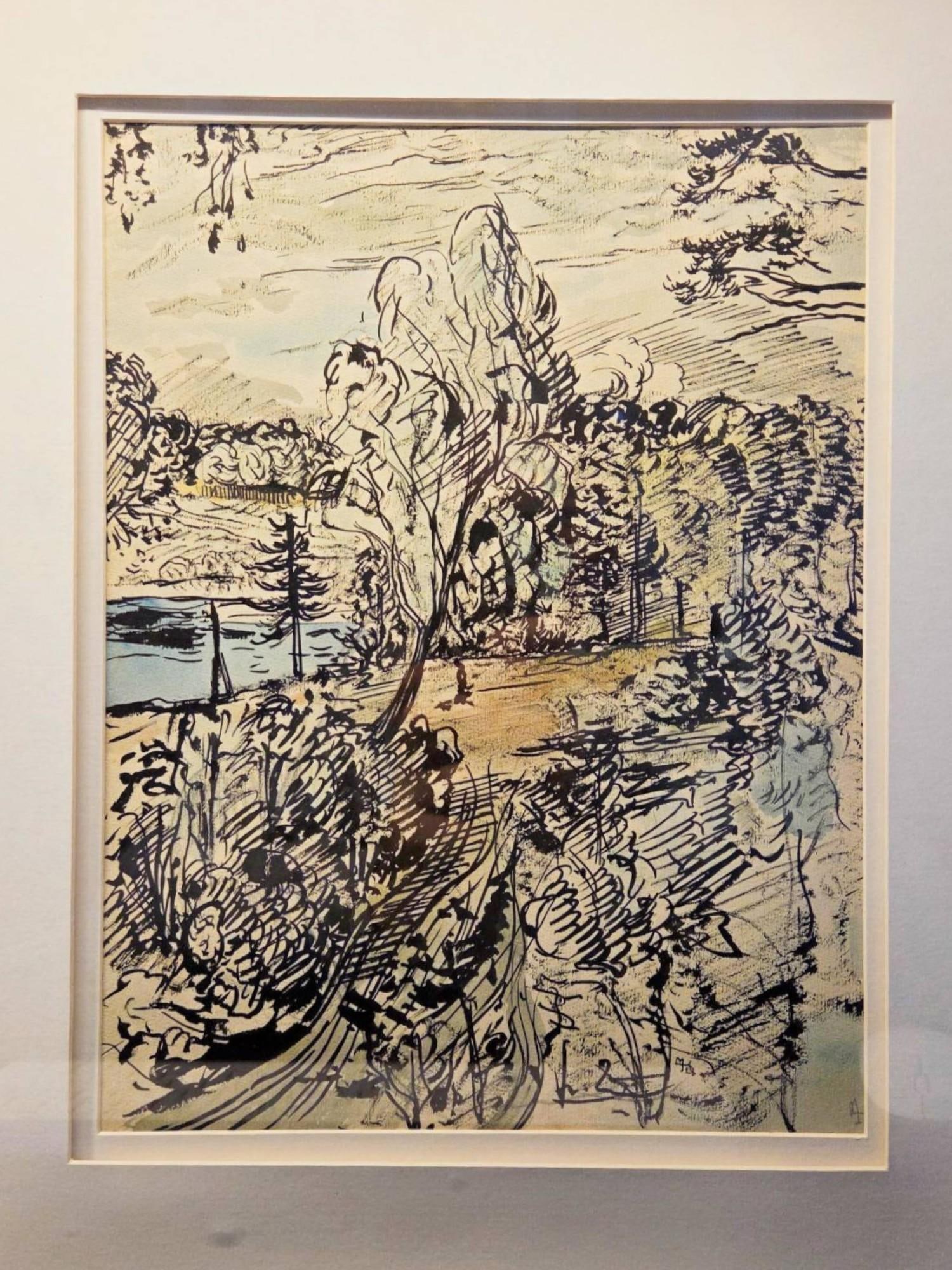 MIKHAIL TARKHANOV RUSSIAN LANDSCAPE PAINTING ON PAPER: Mikhail Tarkhanov, Russian, 1888 to 1962, pencil, ink, and watercolor on paper painting. Panoramic forest view. Titled Woodland Path. Signed and dated 1928 in the lower right. Matted and framed. Prove