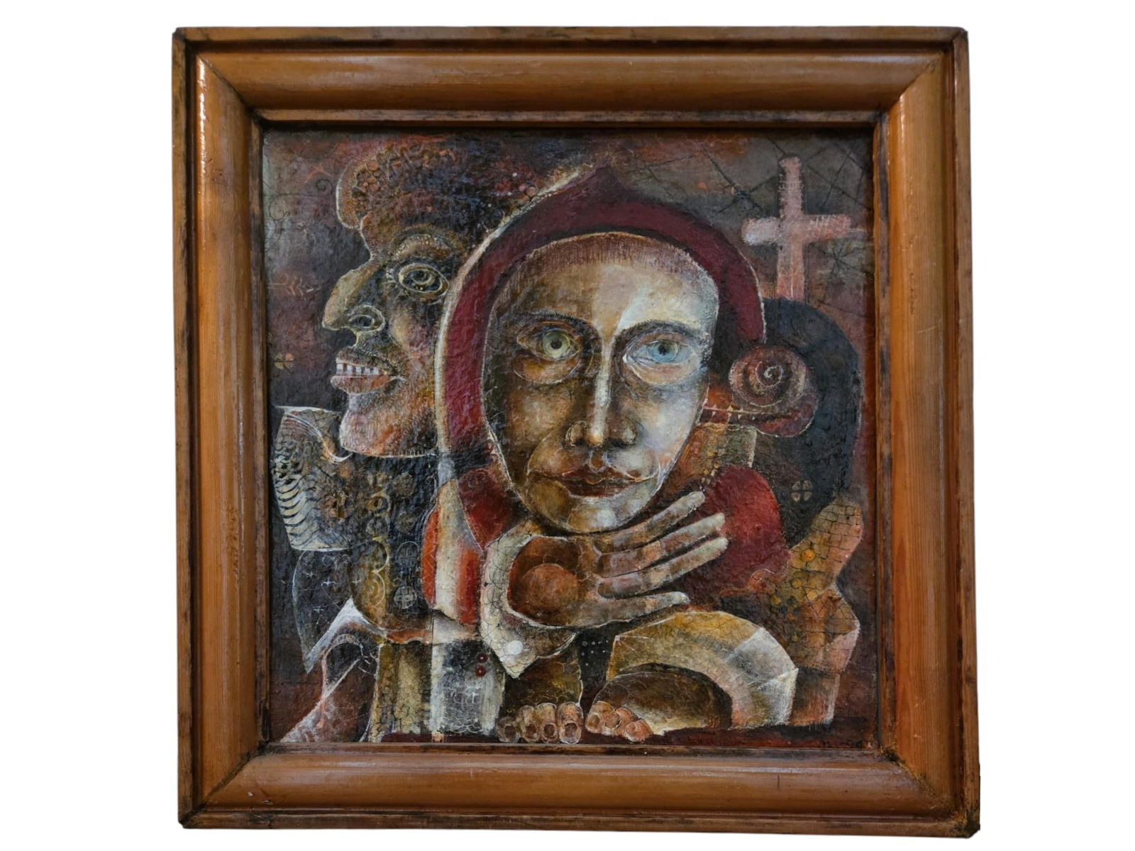 NIKOLAY MANUYLOV KUK RUSSIAN PORTRAIT OIL PAINTING: Nikolay Manuylov, alias Kuk, born 1934, oil on board painting. Double portrait with Surrealist elements. Titled Baby. Signed and dated 1999 in the lower right. Framed. Provenance: private Long Island,