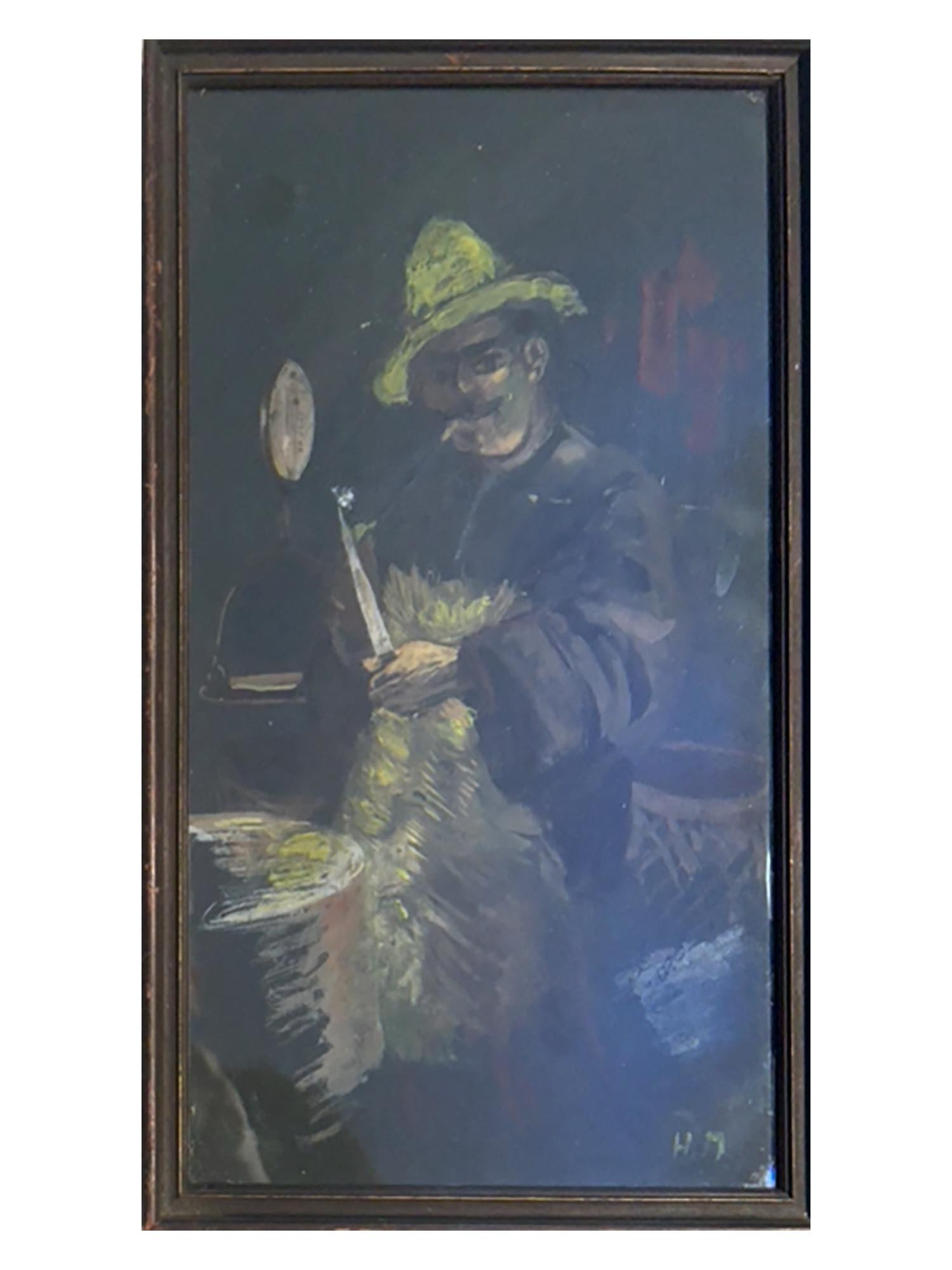 ATTR NICO PIROSMANI GEORGIAN MIXED MEDIA PAINTING: Attributed to Niko Pirosmani, Georgian, 1862 to 1918, gouache and oil on cardboard painting. The artwork depicts a portrait of a vendor. Signed with initials in Russian in the lower right. Titled Geor