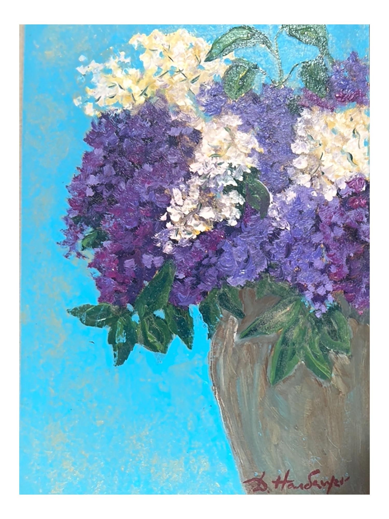 DMITRY NALBANDYAN SOVIET STILL LIFE OIL PAINTING: Dmitry Nalbandyan, Armenian, 1906 to 1993, oil on cardboard painting. Sketch of a lilac bouquet. Signed in the lower right. Dated 1978 on the backside. Unframed. The artwork comes with experts report.