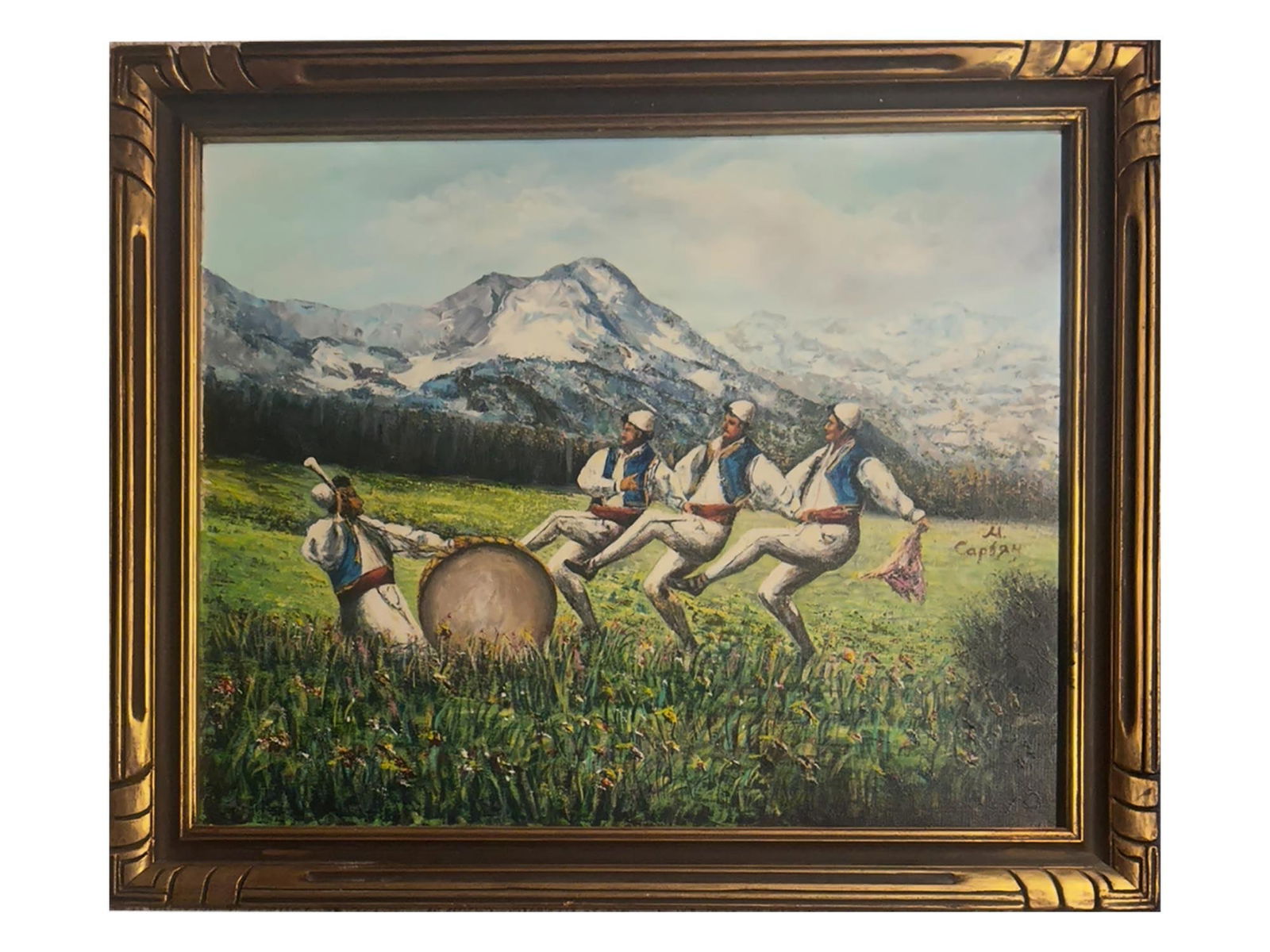 ATTR MARTIROS SARYAN ARMENIAN GENRE OIL PAINTING: Attributed to Martiros Saryan, Armenian, 1880 to 1972, oil on canvas painting. The artwork depicts a mountain landscape with dancing men in traditional Armenian attire. Titled Armenian Dance on the ba