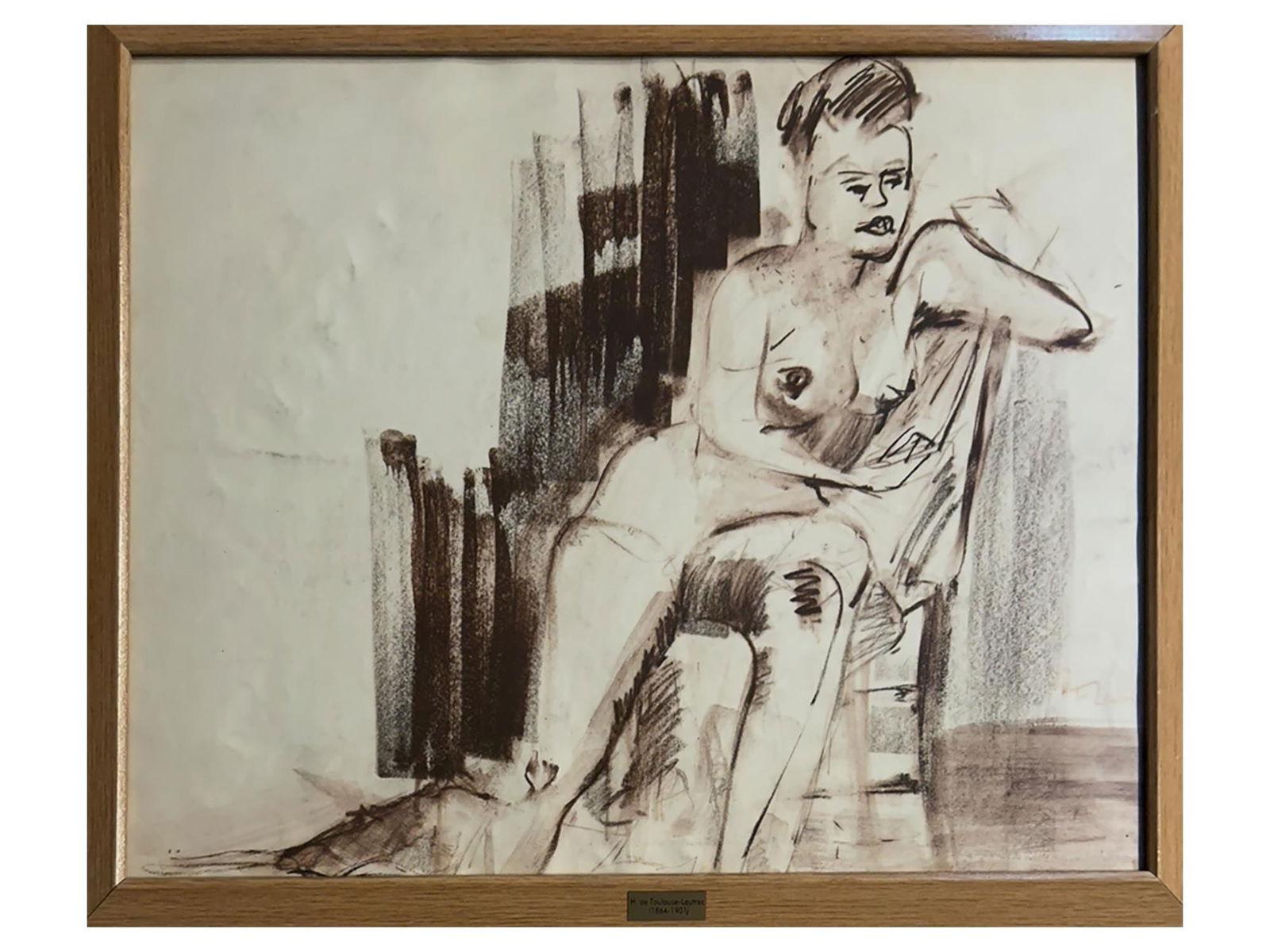 PASTEL PORTRAIT PAINTING SIGNED HENRI TOULOUSE LAUTREC: This charcoal and pastel drawing on paper depicts a seated female nude in a three-quarter pose, rendered with the quick, expressive strokes characteristic of the Post-Impressionist era. The work featu
