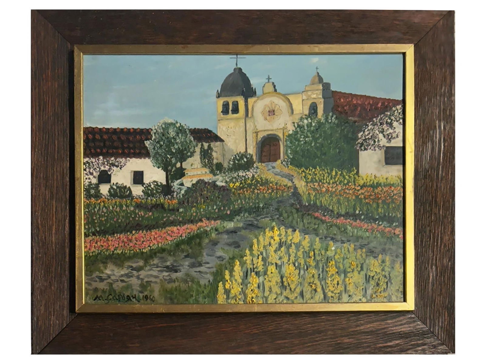 MARTIROS SARYAN SIGNED ARMENIAN OIL LANDSCAPE PAINTING: This expressionist oil landscape, signed by prominent Armenian artist Martiros Saryan (1880–1972), depicts a sun-drenched architectural scene featuring a central church or mission building with a di