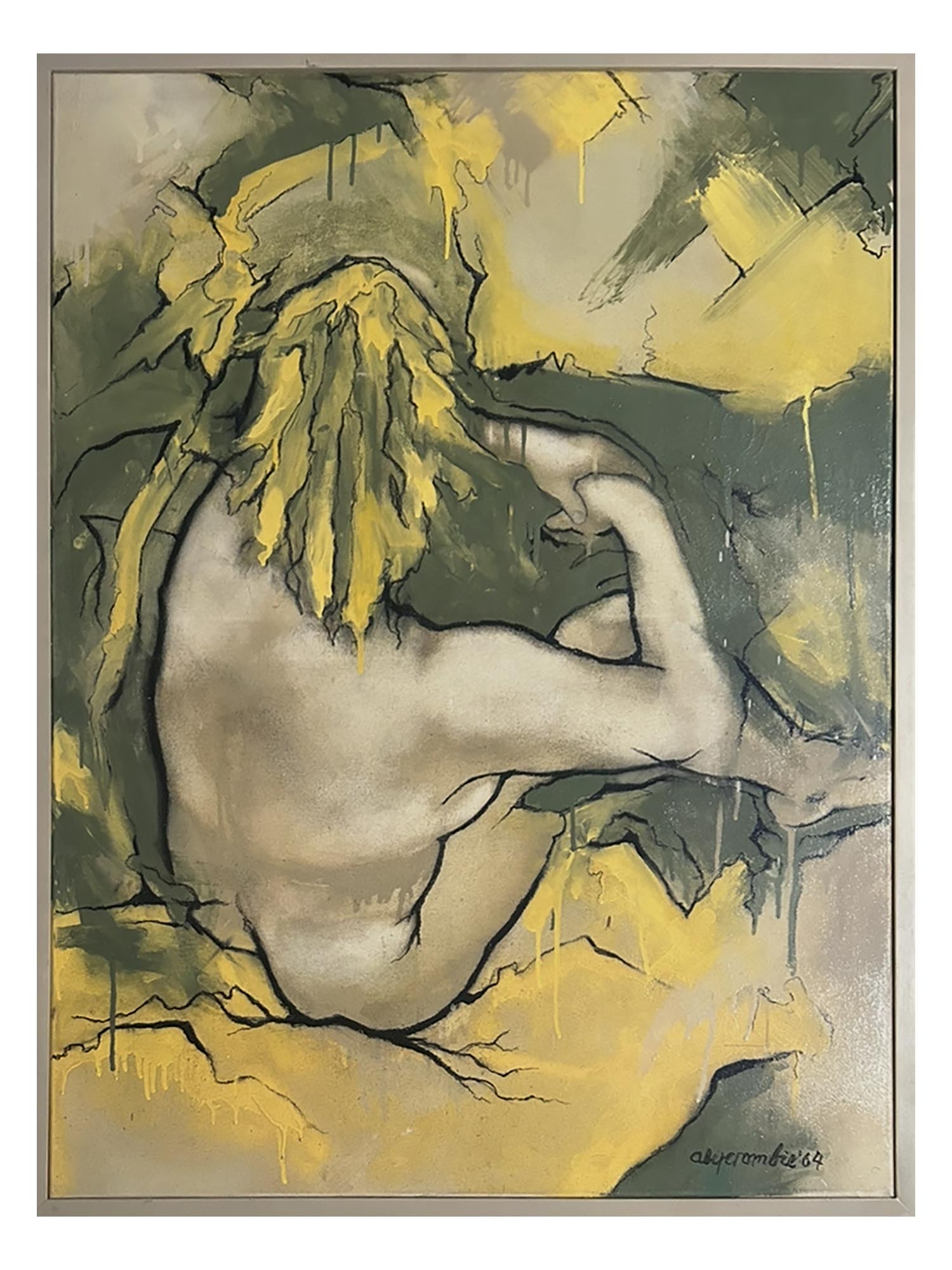 LARGE MID CENTURY MODERN FIGURAL NUDE SIGNED ABERCROMBIE: This large-scale mid-century modern oil painting features a stylized seated nude figure shown from the back, rendered in a muted palette of sage green, ochre, and earthy tones. The composition utilize