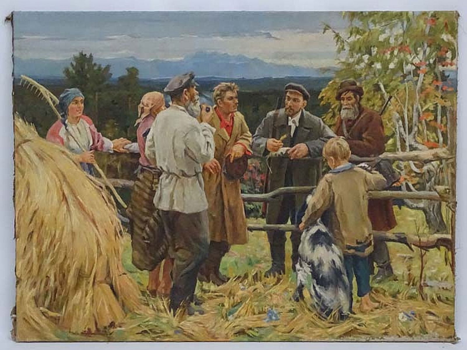 RUSSIAN PAINTING AFTER V.BASOV. LENIN AND PEASANTS, 1953: Oil on canvas. Unsigned. AFTER V.N.BASOV. LENIN AND PEASANTS OF SHUSHENKSKOJE VILLAGE, 1953