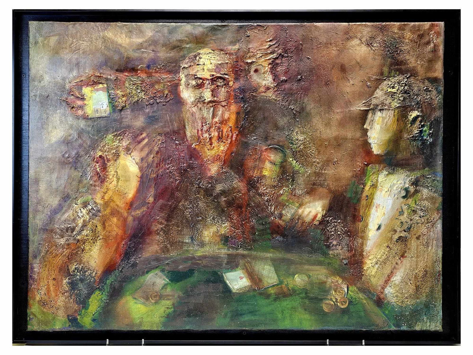 RUSSIAN CONCEPTUAL OIL PAINTING BY LUCIEN DULFAN: Lucien Dulfan, Russian, American, born 1942, a large original oil painting on canvas, Sharper Card Game, 1986. Signed lower right. Additionally signed, titled, dated, and inscribed, on the backside. F