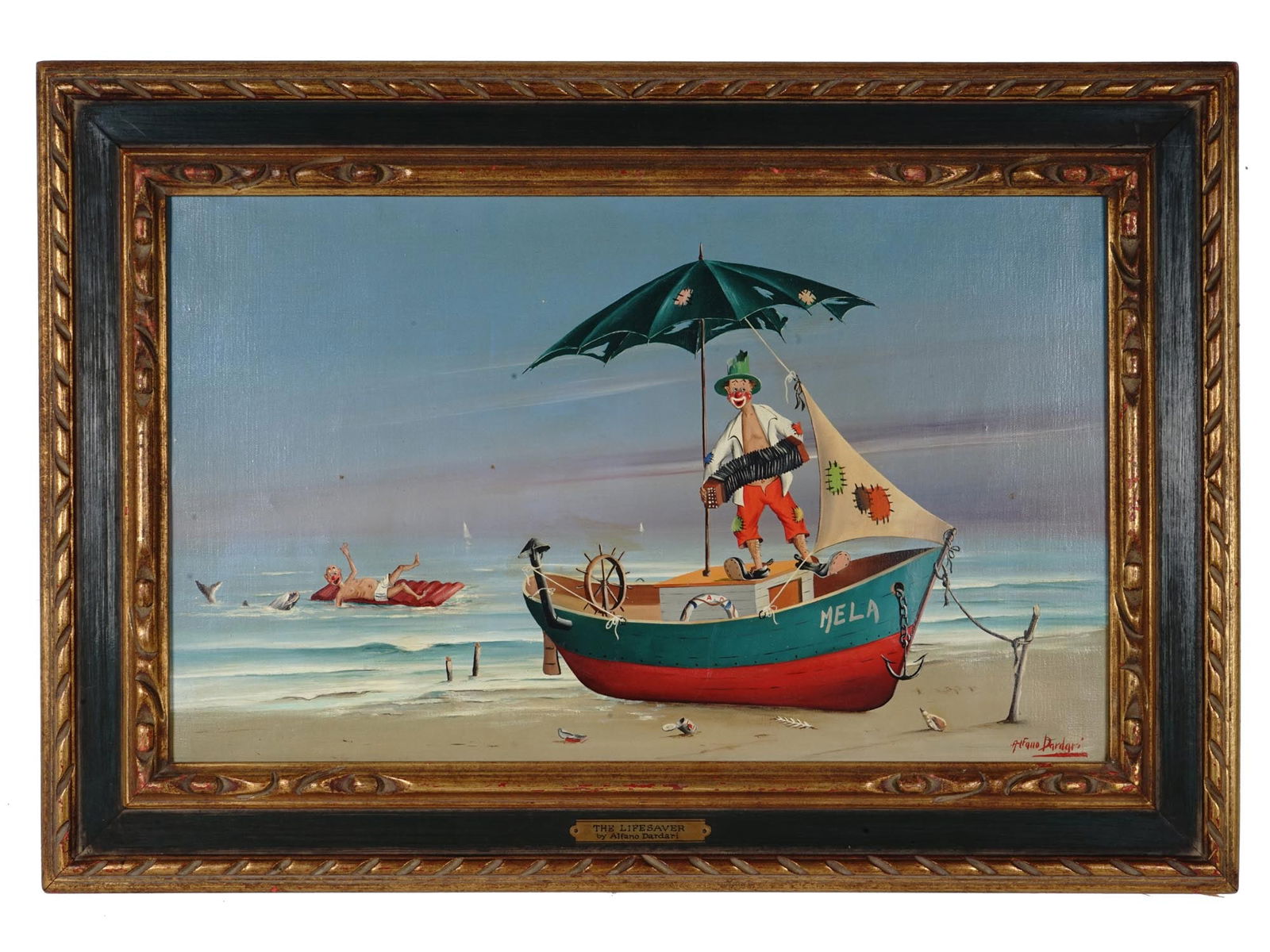 SURREALIST PAINTING CLOWNS SIGNED ALFANO DARDARI: Oil on canvas painting representing two clowns on the ocean shore with a ship named Mela, Apple. Signed Alfano Dardari in the lower right. Titled The Lifesaver on the frame. Mark on the backside: All