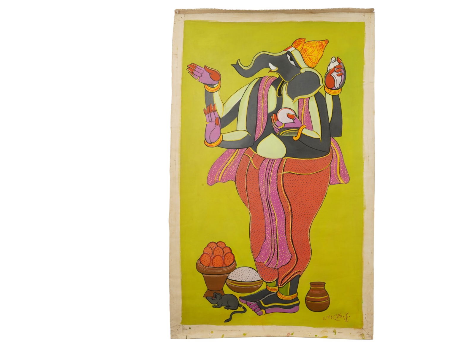 INDIAN GANESHA ACRYLIC PAINTING AFTER THOTA VAIKUNTAM: An acrylic painting on canvas depicting a portrait of Ganesha after the original painting by Thota Vaikuntam, Indian, born 1942. Signed and probably dated lower right. Thota Vaikuntam, Indian, born 19