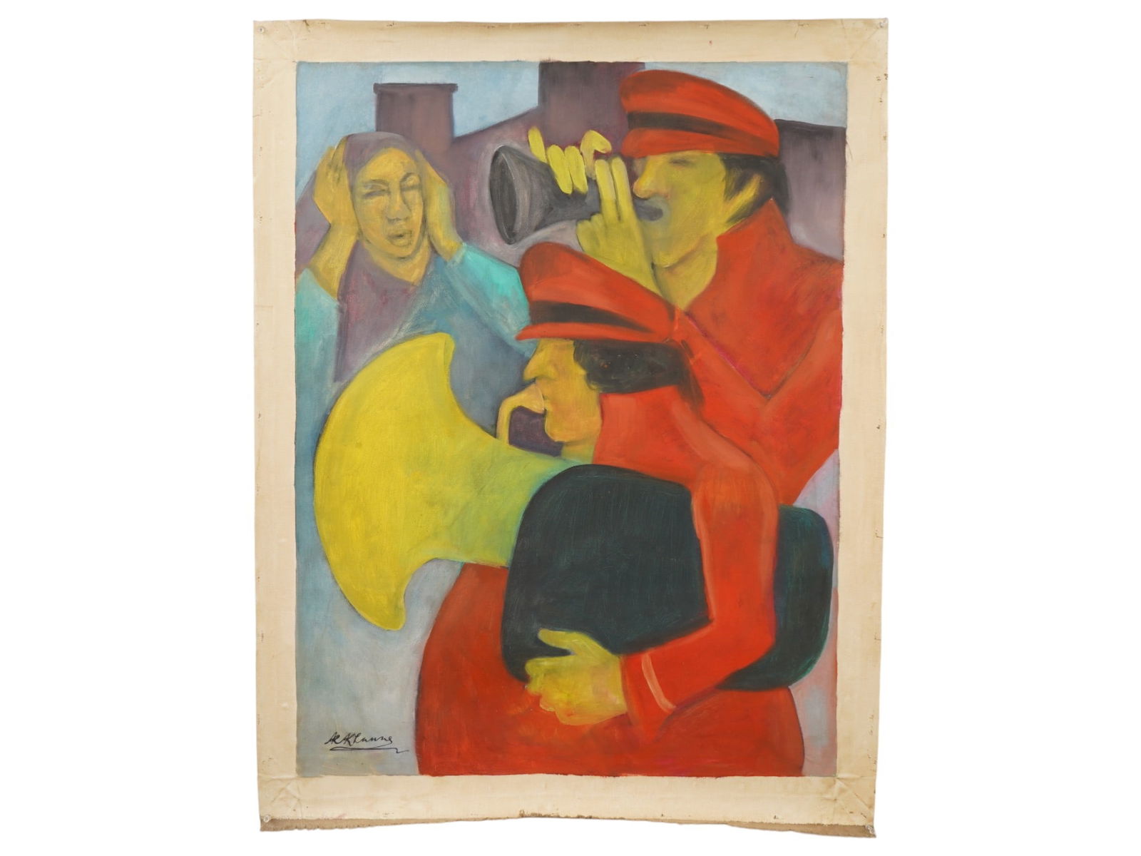 SIGNED KRISHEN KHANNA INDIAN OIL PAINTING MUSICIANS: Oil on canvas painting, signed Krishen Khanna, Indian, born 1925. The artwork depicts two orchestra musicians and a woman covering her ears. Signed in the lower left. Undated. Unframed. Krishen Khanna
