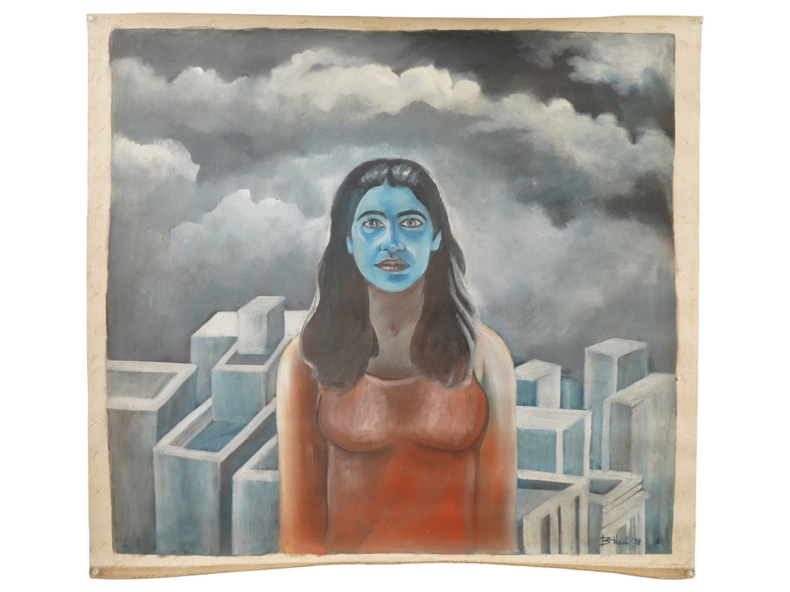 SIGNED BIKASH BHATTACHARJEE INDIAN OIL PAINTING: Oil on canvas painting, signed Bikash Bhattacharjee, Indian, 1940 to 2006. The artwork depicts a woman with blue face against abstract architecture. Signed and dated 1978 in the lower right. Unframed.