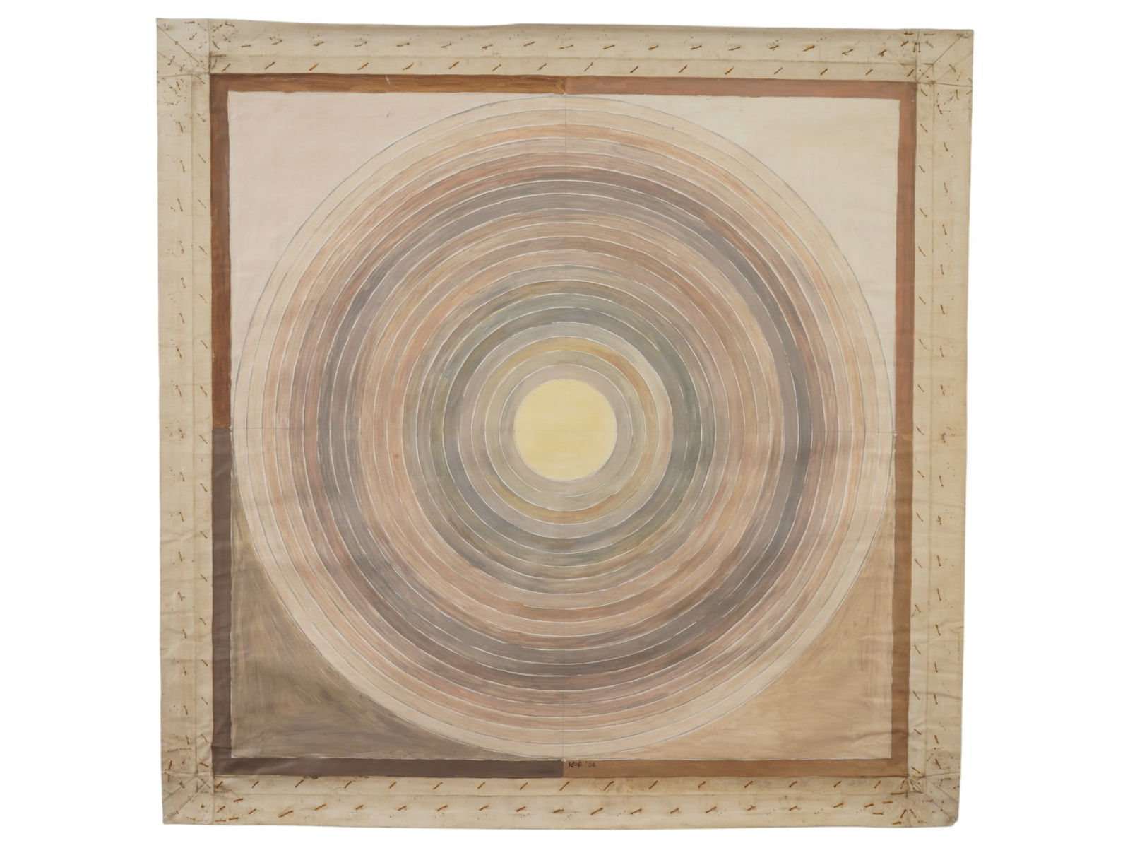 SIGNED S H RAZA INDIAN ACRYLIC ABSTRACT PAINTING: Acrylic on canvas painting, signed Sayed Haider Raza, or S.H. Raza, Indian, 1922 to 2016. The artwork depicts an abstract round composition. Signed lower right. Additionally signed, titled Shanti and
